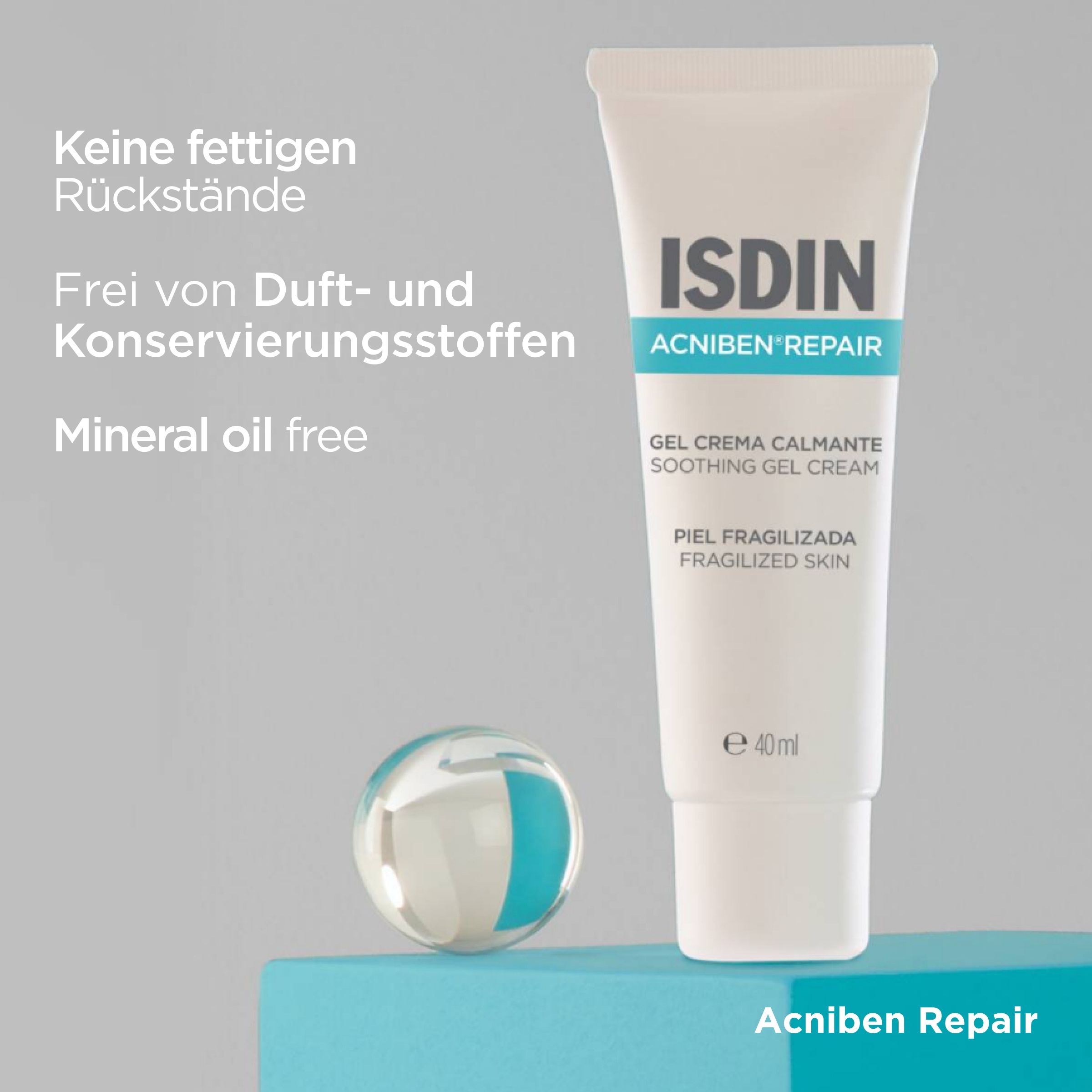 Tube ISDIN Acniben Repair. Blanc, bleu. Texte. Boule.