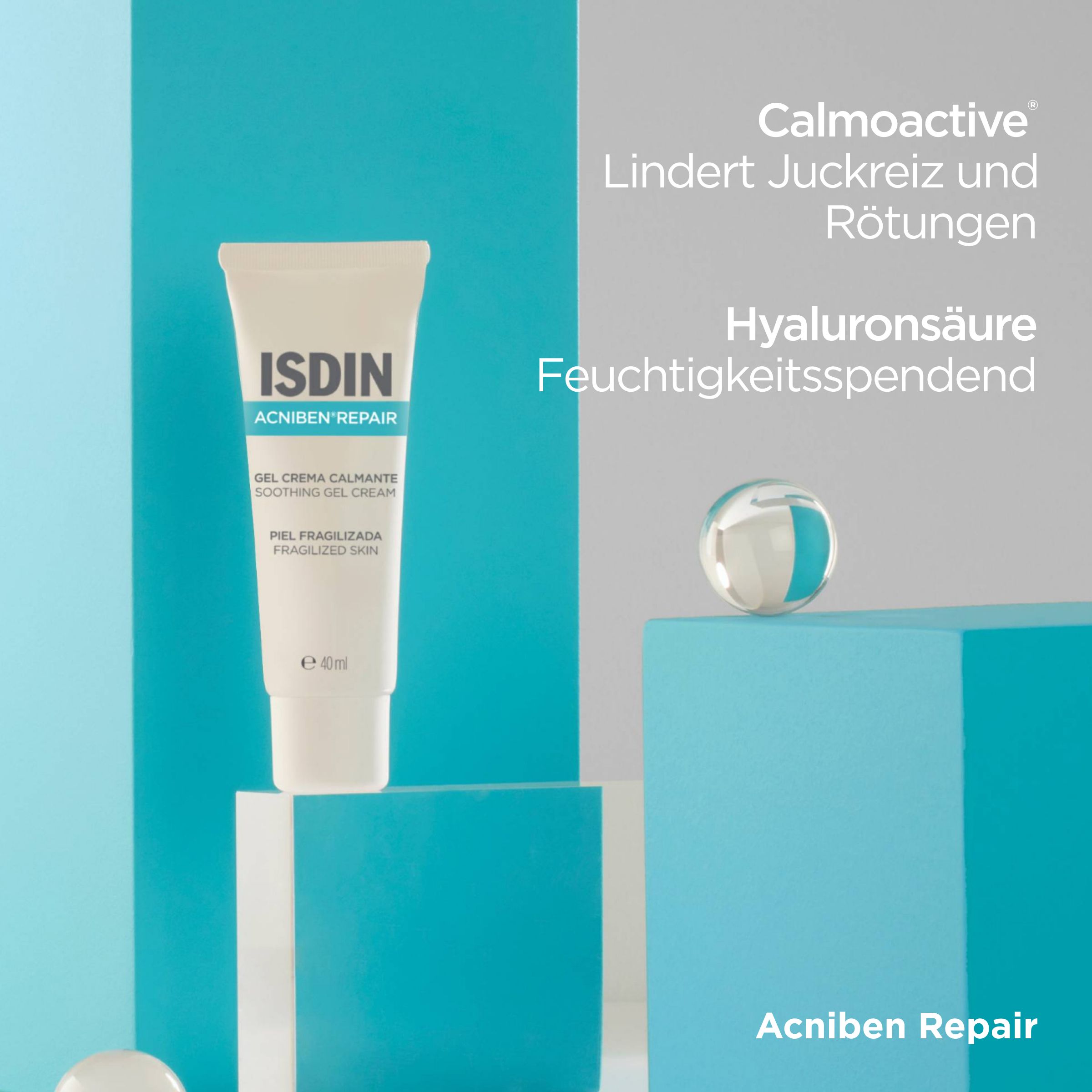 Tube ISDIN Acniben Repair. Bleu, blanc. Texte. Boule.