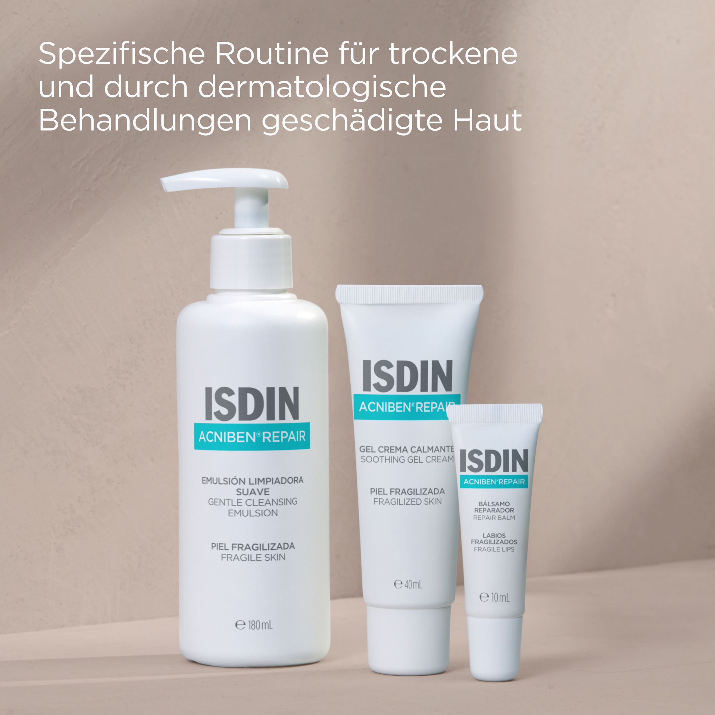 Produits ISDIN Acniben Repair. 3 produits. Blanc. Texte.