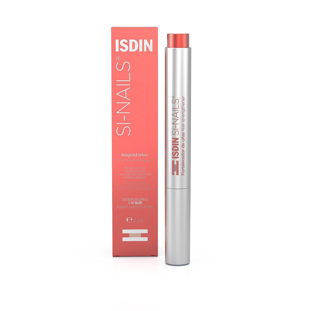 ISDIN Si-Nails durcisseur d'ongles et emballage. Tube argenté à embout rouge et emballage rouge.