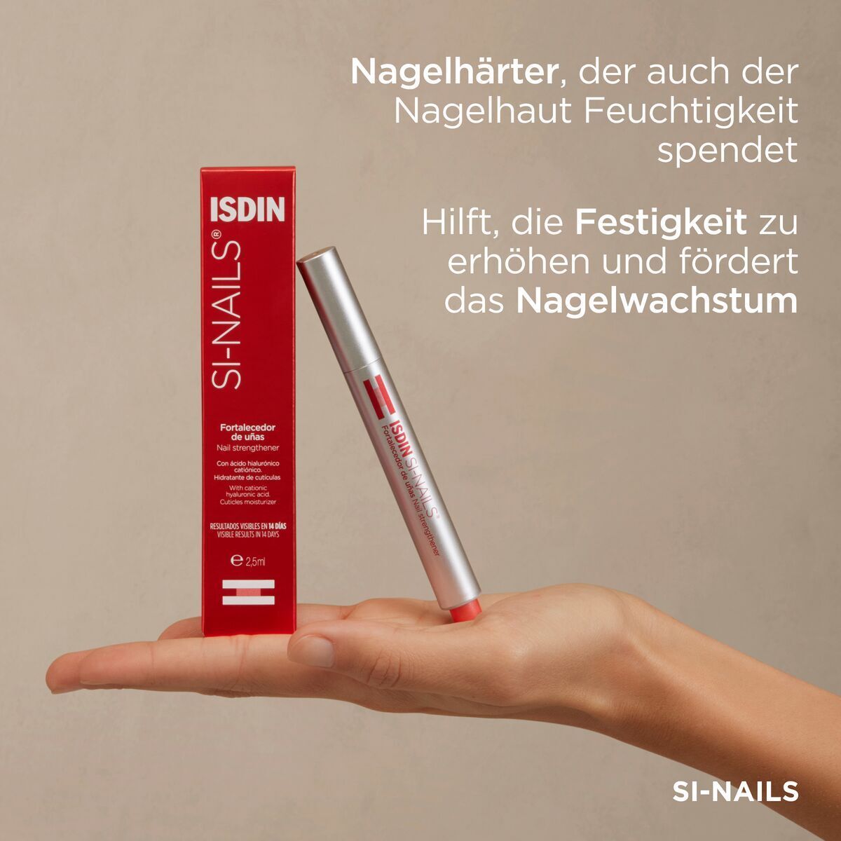 ISDIN Si-Nails durcisseur d'ongles et emballage. Main tenant le produit. Texte : force, croissance des ongles.
