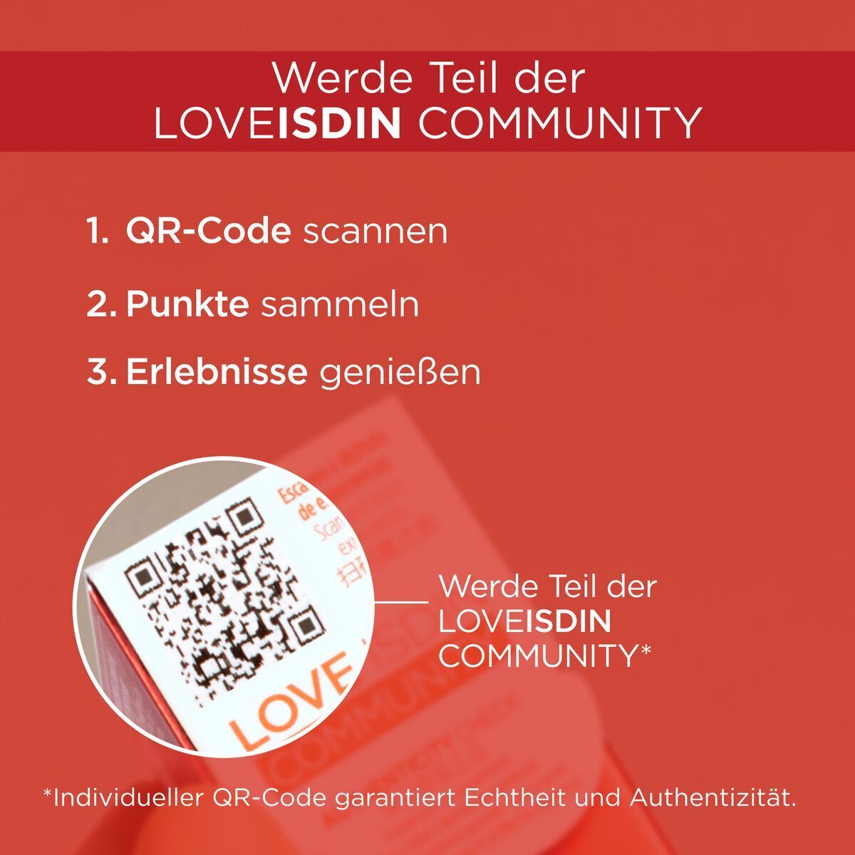 Code QR sur fond rouge. Texte : Rejoignez la communauté LOVEISDIN.