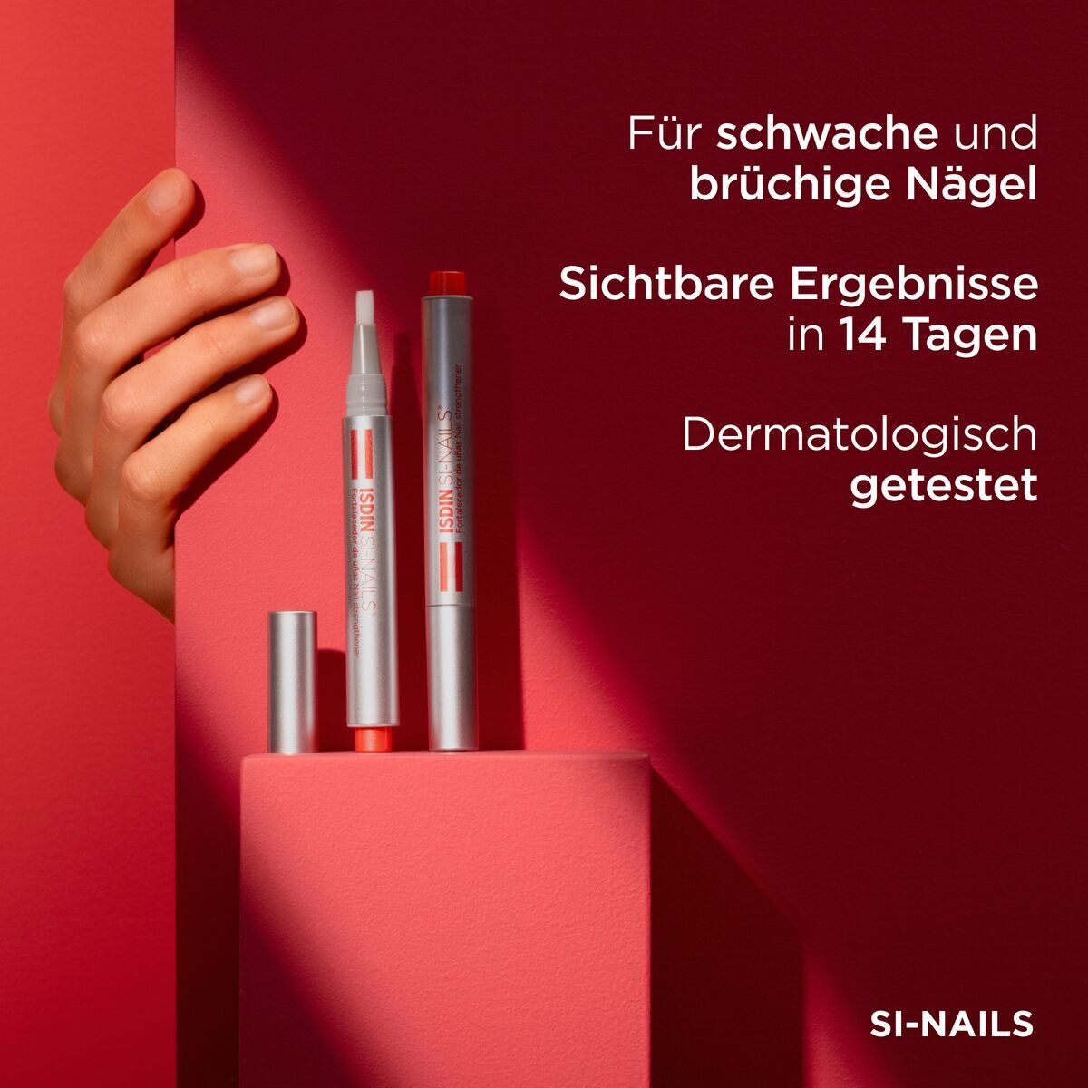 ISDIN Si-Nails durcisseur d'ongles et emballage. Deux produits et bouchon. Texte : Pour ongles fragiles.
