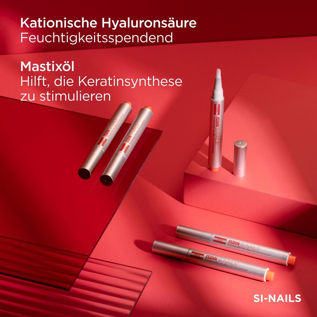 Plusieurs durcisseurs d'ongles ISDIN Si-Nails. Texte : Acide hyaluronique cationique, huile de mastic.