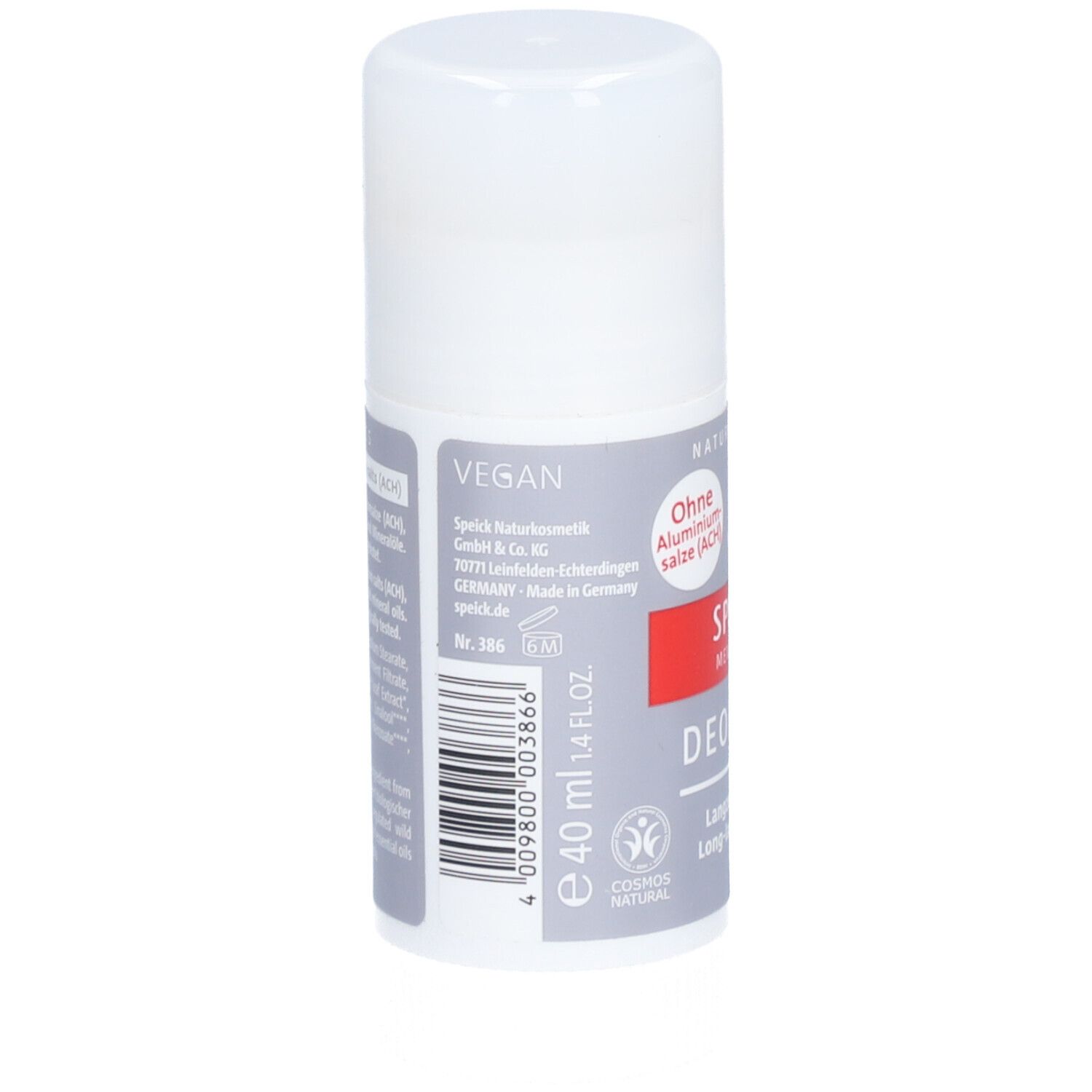 Stick déodorant. Récipient blanc avec étiquette grise. Texte: SPEICK MEN ACTIVE DEO STICK. Vegan. 40 ml. Sans sels d'aluminium. Code-barres.