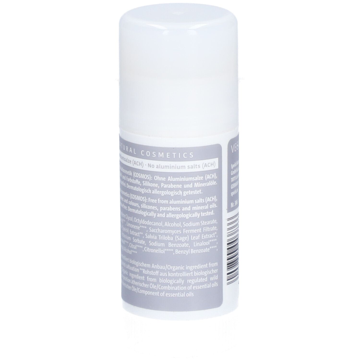 Stick déodorant. Récipient blanc avec étiquette grise. Texte: Ingrédients. Sans sels d'aluminium. Vegan. Certification COSMOS NATURAL.