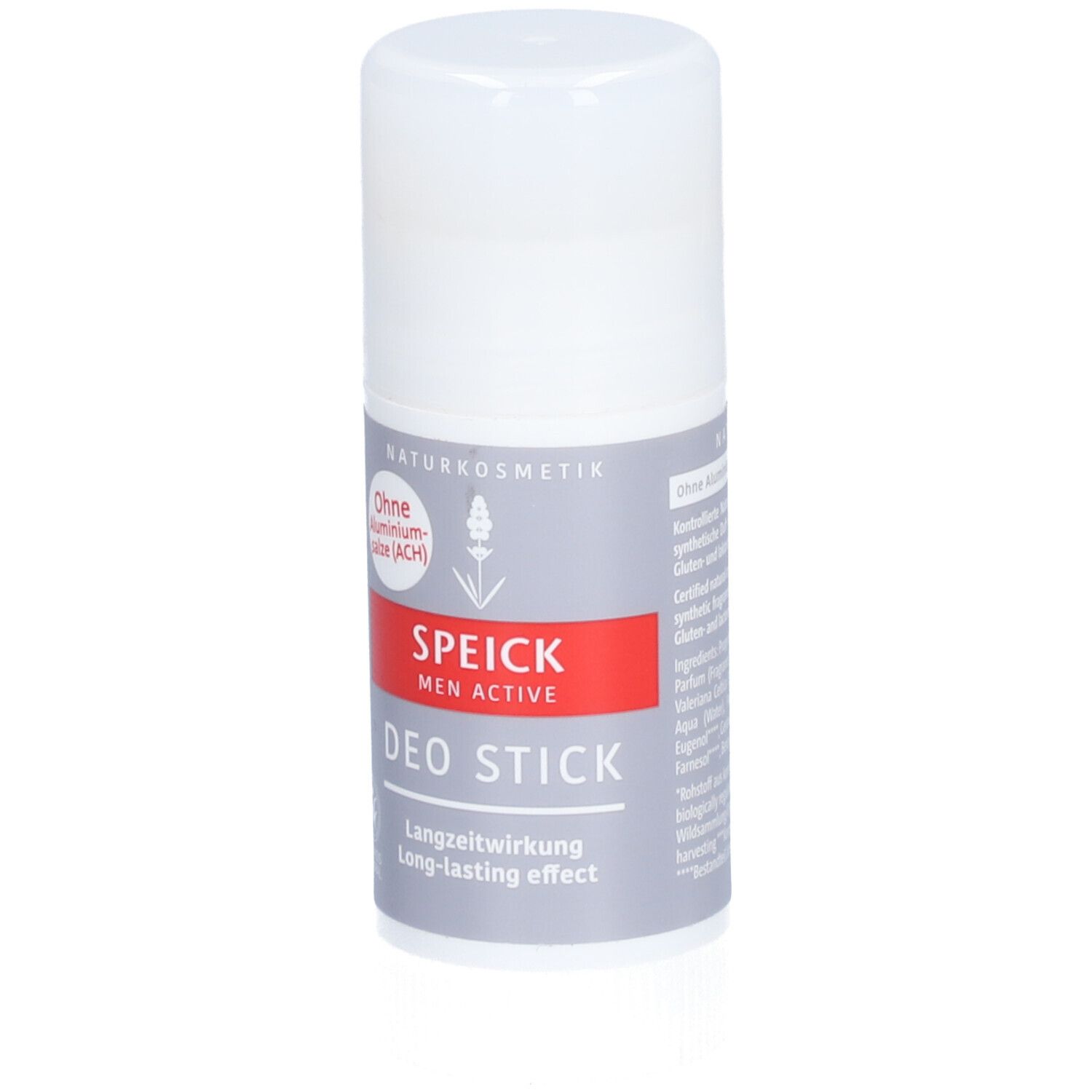 Stick déodorant. Récipient blanc avec étiquette grise et rouge. Texte: SPEICK MEN ACTIVE DEO STICK. 40 ml. Sans sels d'aluminium. COSMOS NATURAL.