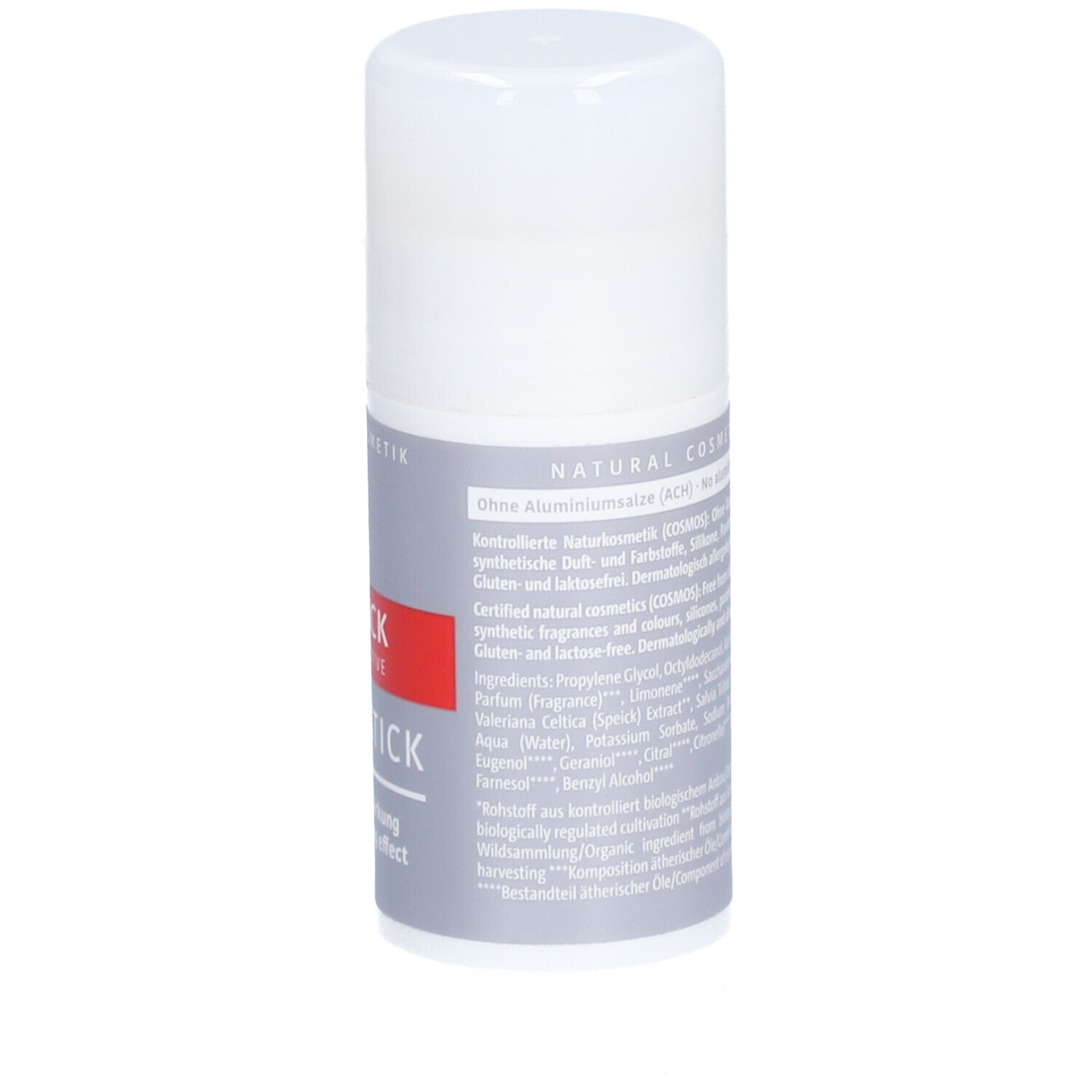 Stick déodorant. Récipient blanc avec étiquette grise. Texte: Ingrédients. SPEICK MEN ACTIVE DEO STICK. Sans sels d'aluminium. COSMOS NATURAL.