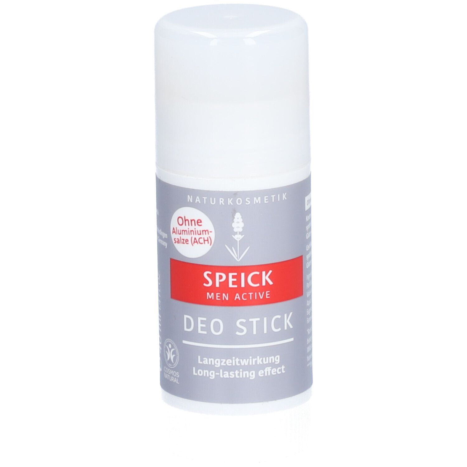 Stick déodorant. Récipient blanc avec étiquette grise et rouge. Texte: SPEICK MEN ACTIVE DEO STICK. Sans sels d'aluminium.