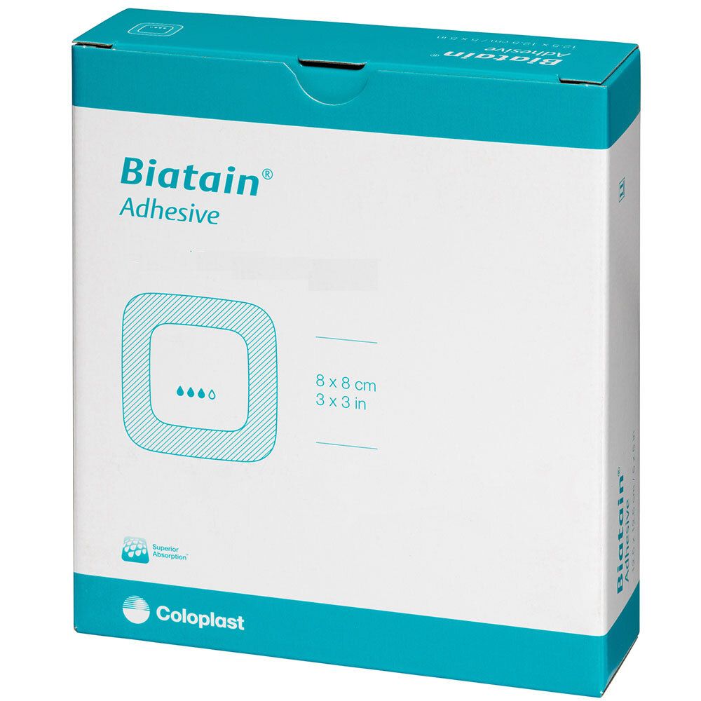 Boîte Biatain® Adhesive. Dimensions : 8x8 cm, 3x3 in. Marque Coloplast.