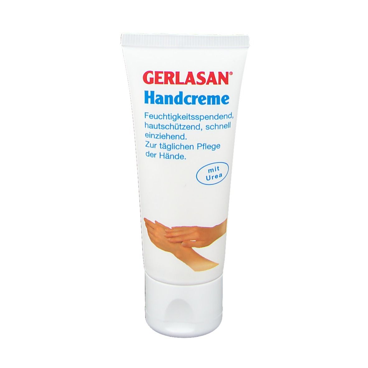 Tube de GERLASAN Handcreme. Blanche, texte rouge et bleu. Contient de l'urée. Illustration de mains.