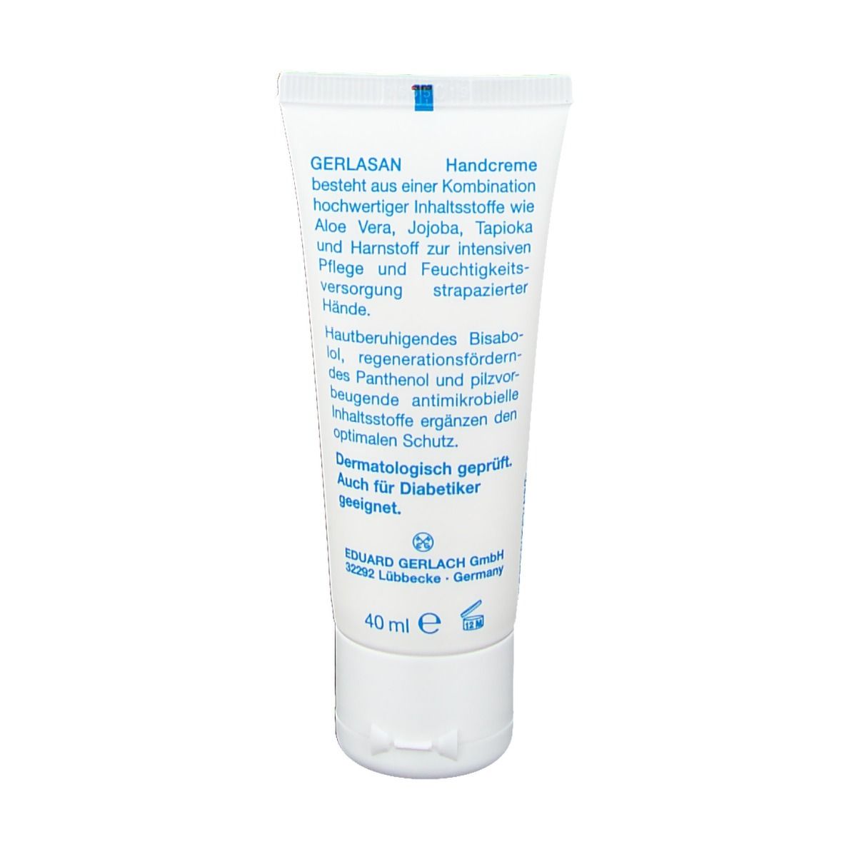 Tube de GERLASAN Handcreme. Dos avec ingrédients et informations. 40 ml. Convient aux diabétiques.