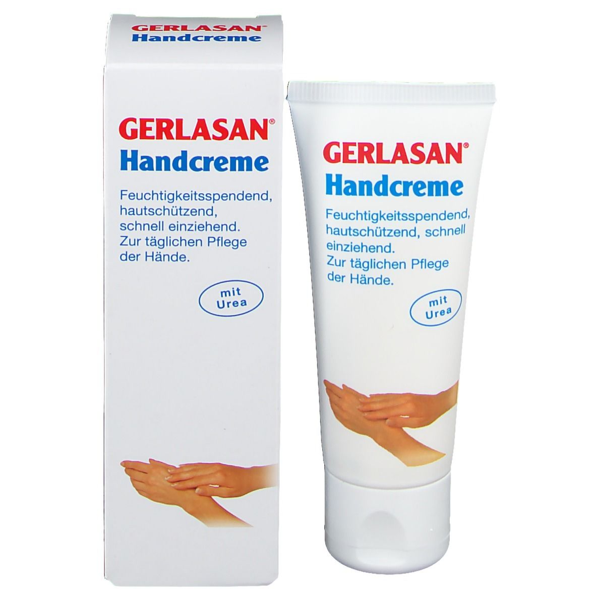 Tube et emballage de GERLASAN Handcreme. Blanc, texte rouge et bleu. Contient de l'urée. Illustration de mains.