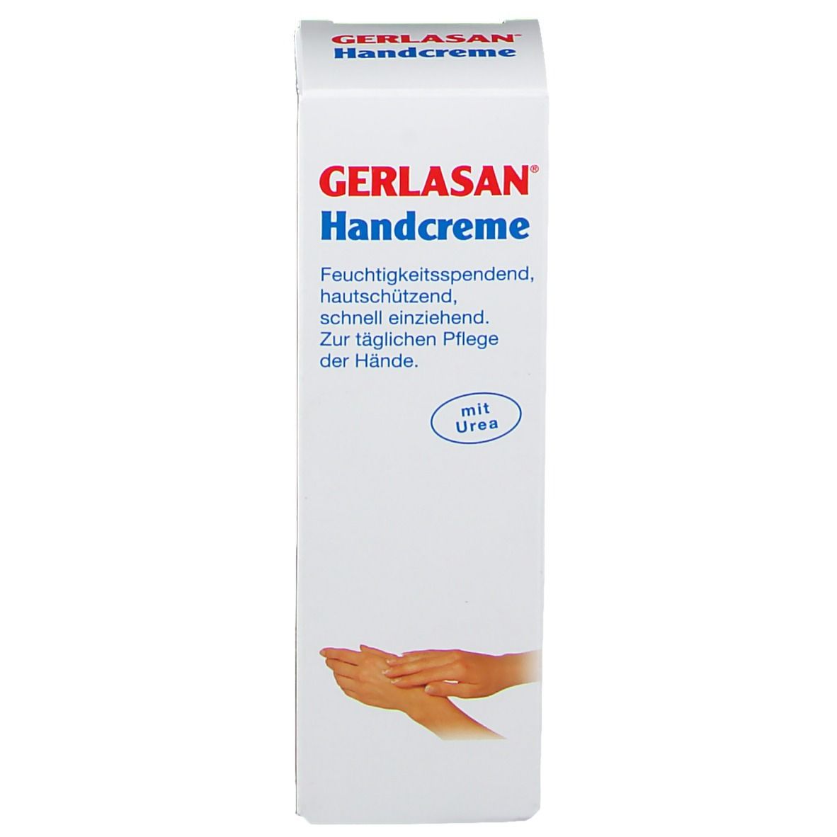 Emballage de GERLASAN Handcreme. Blanc, texte rouge et bleu. Contient de l'urée. Illustration de mains.