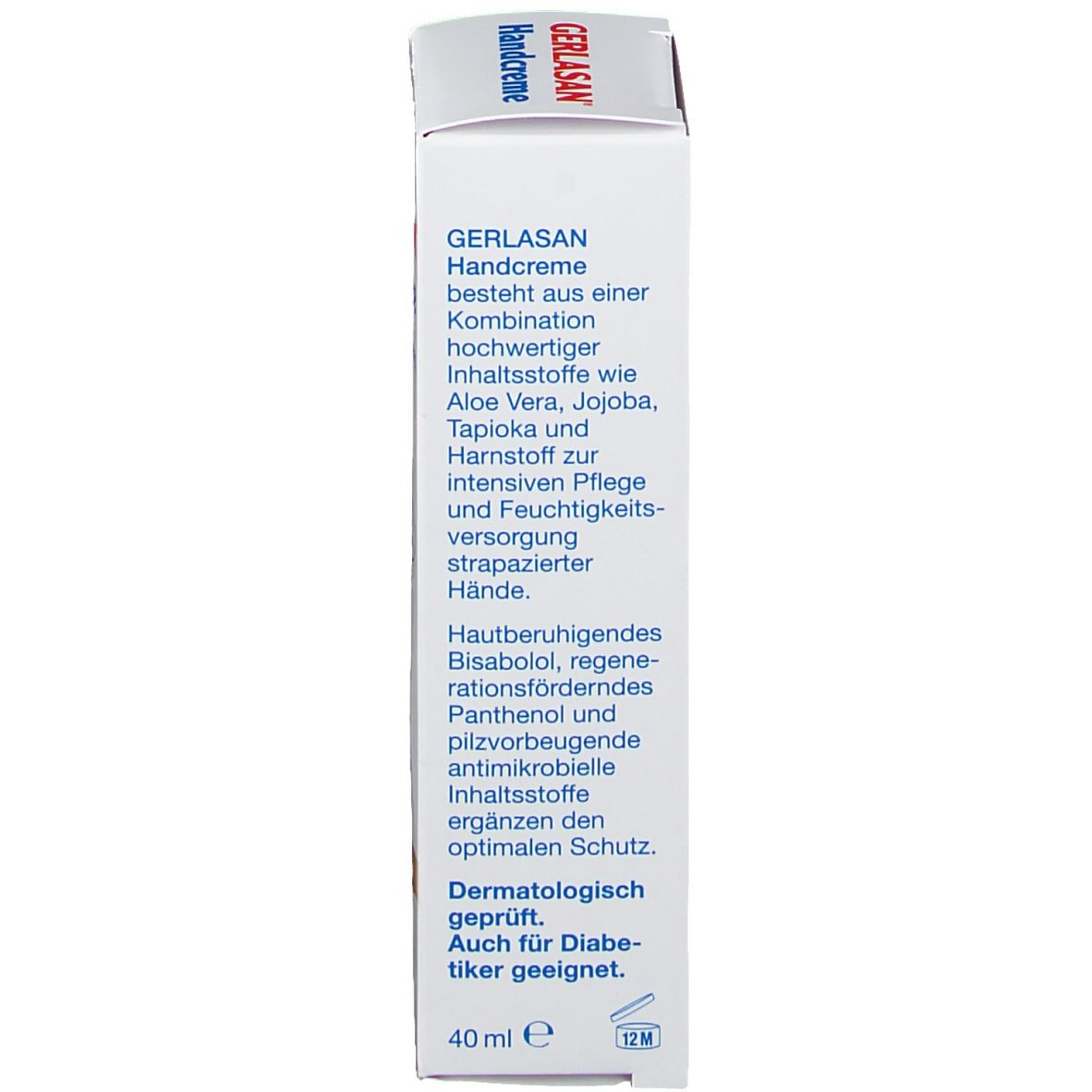 Emballage de GERLASAN Handcreme. Dos avec ingrédients et informations. 40 ml. Convient aux diabétiques.