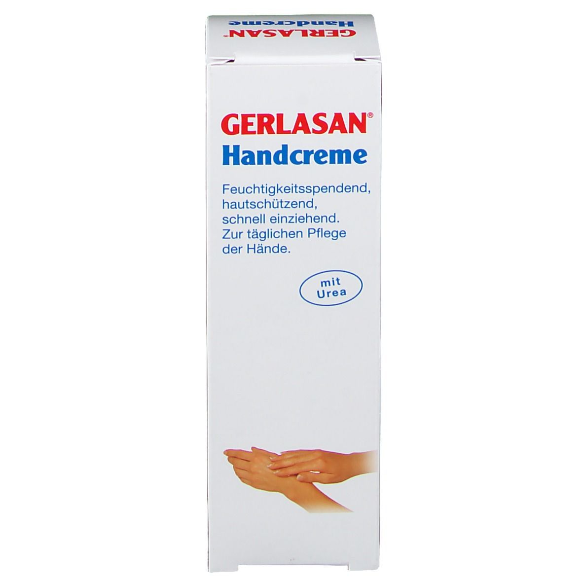 Emballage de GERLASAN Handcreme. Face avant avec informations produit. Contient de l'urée. Illustration de mains.