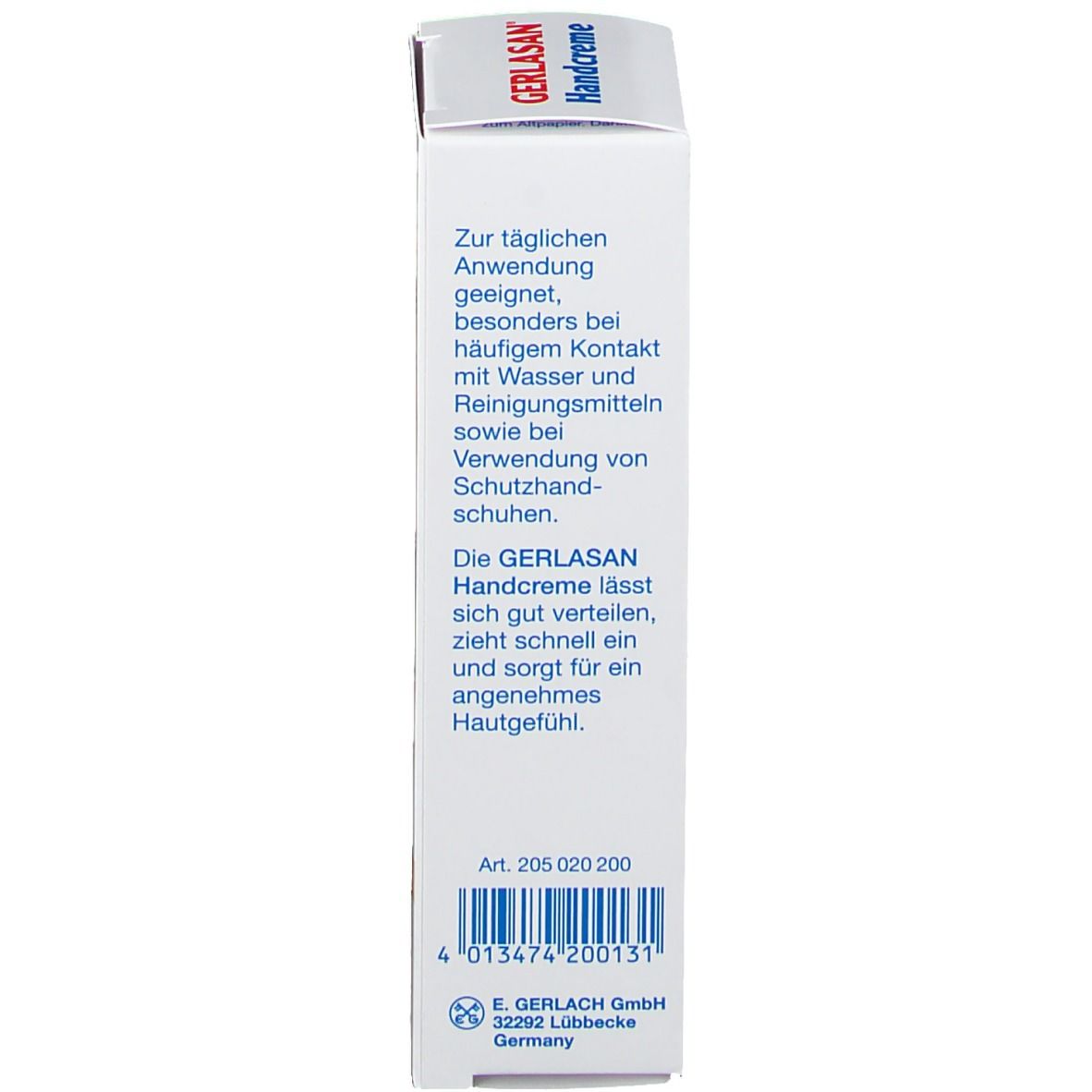 Emballage de GERLASAN Handcreme. Côté avec instructions d'utilisation et informations fabricant. Numéro d'article et code-barres.