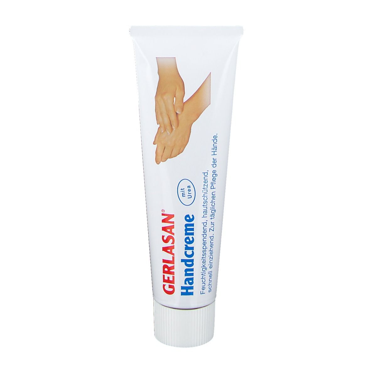 Tube blanche GERLASAN Handcreme. Illustration de mains. Texte: Hydratant, protecteur, absorption rapide.