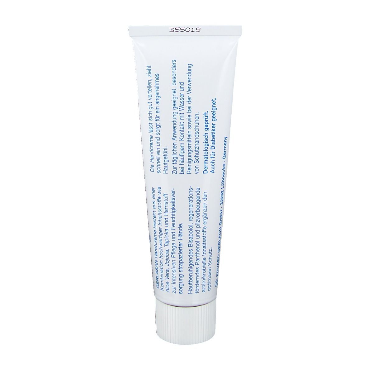 Dos du tube. Texte: Convient aux diabétiques. Testé dermatologiquement. Ingrédients. Adresse du fabricant.