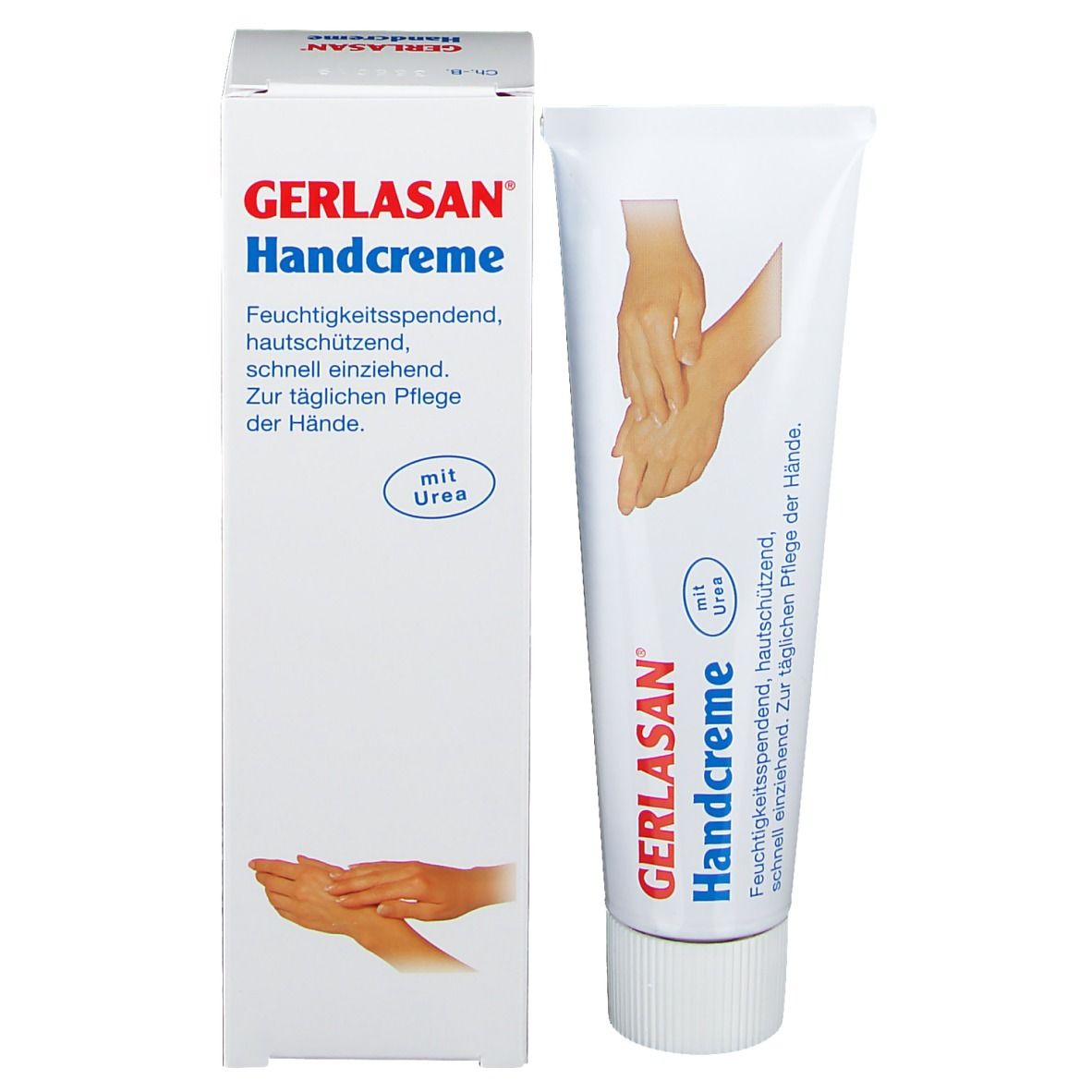 Tube et boîte GERLASAN Handcreme. Texte: Hydratant, protecteur, absorption rapide. Avec urée.