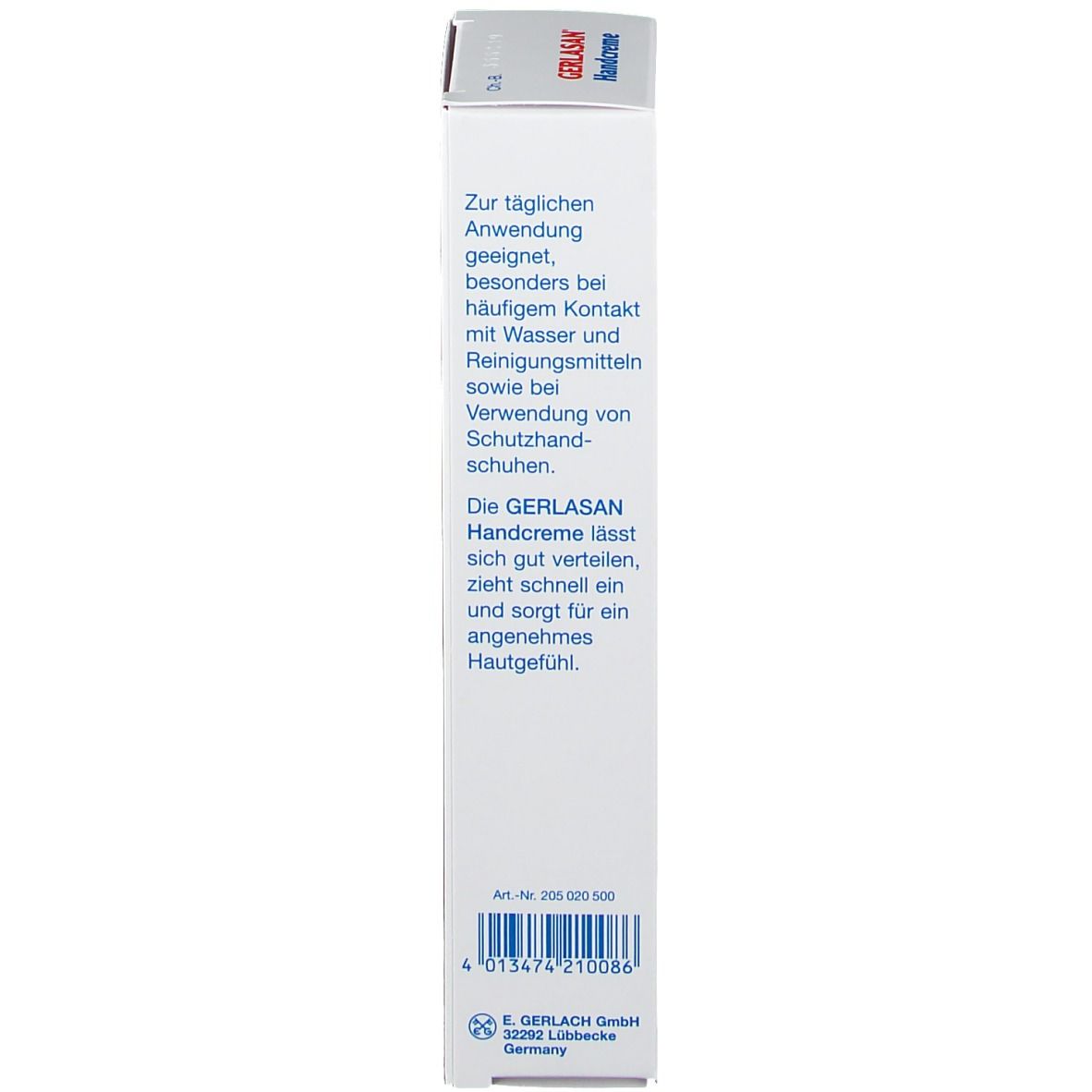 Boîte GERLASAN Handcreme. Texte: Convient à un usage quotidien, en particulier en cas de contact fréquent avec l'eau. Testé dermatologiquement.