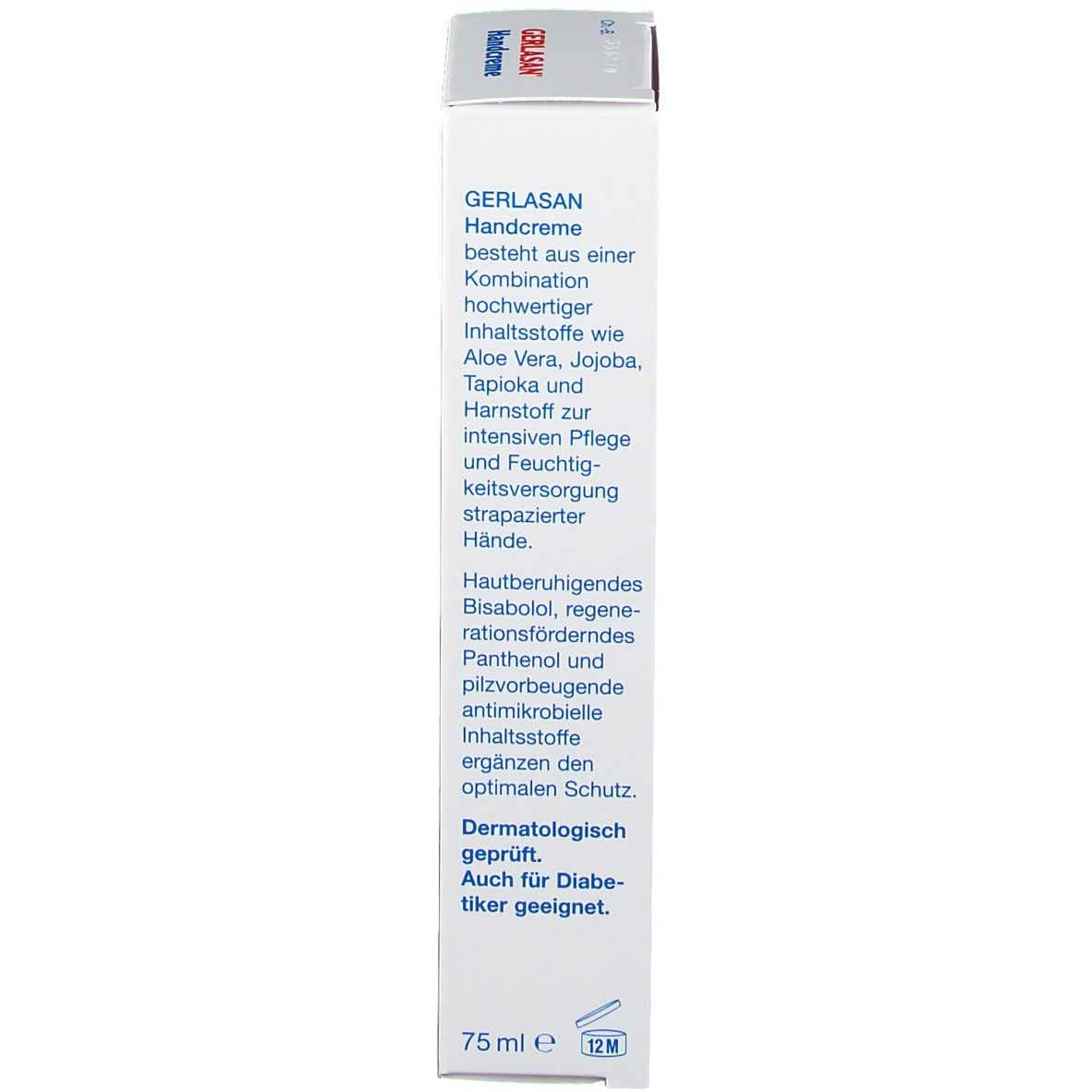 Boîte GERLASAN Handcreme. Texte: Ingrédients: Aloe Vera, Jojoba, Tapioca, Urée. Testé dermatologiquement. Convient aux diabétiques.
