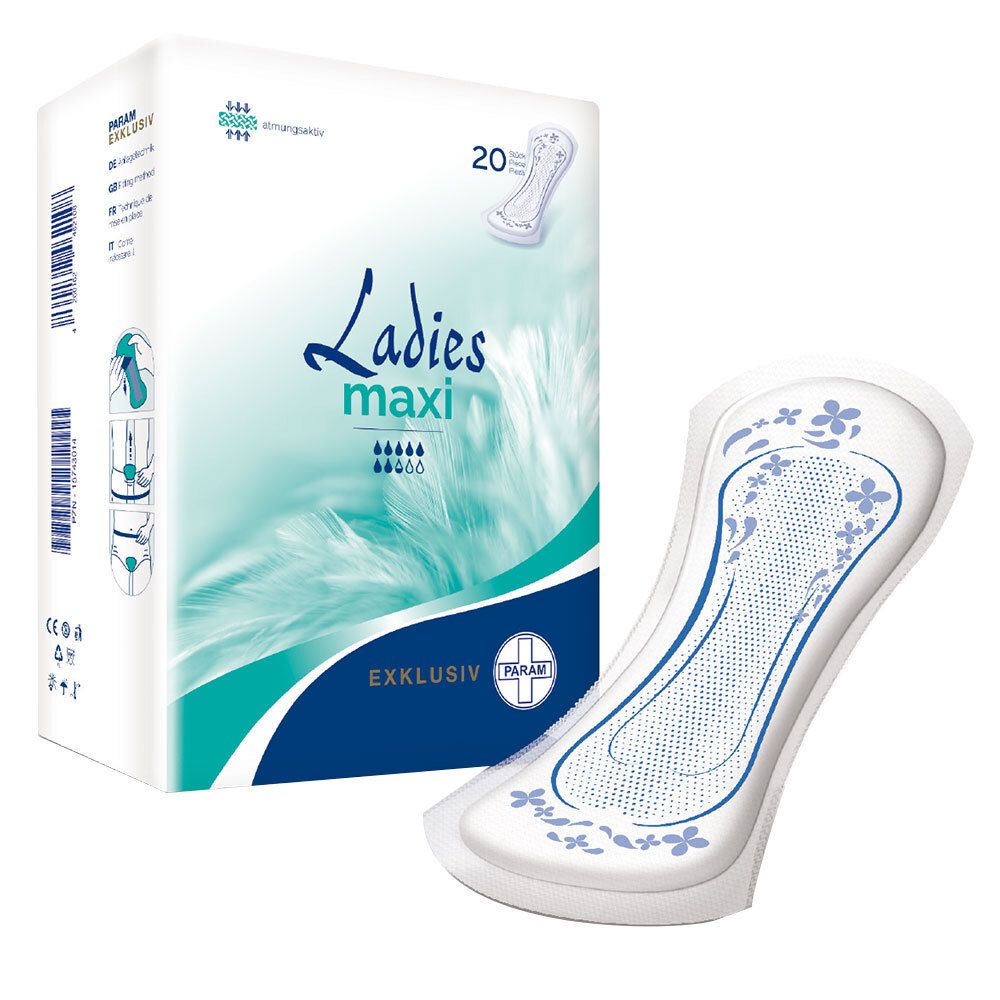 Serviettes pour incontinence, emballage et une serviette. Marque: PARAM. Inscription: Ladies maxi, Exklusiv. 20 pièces.