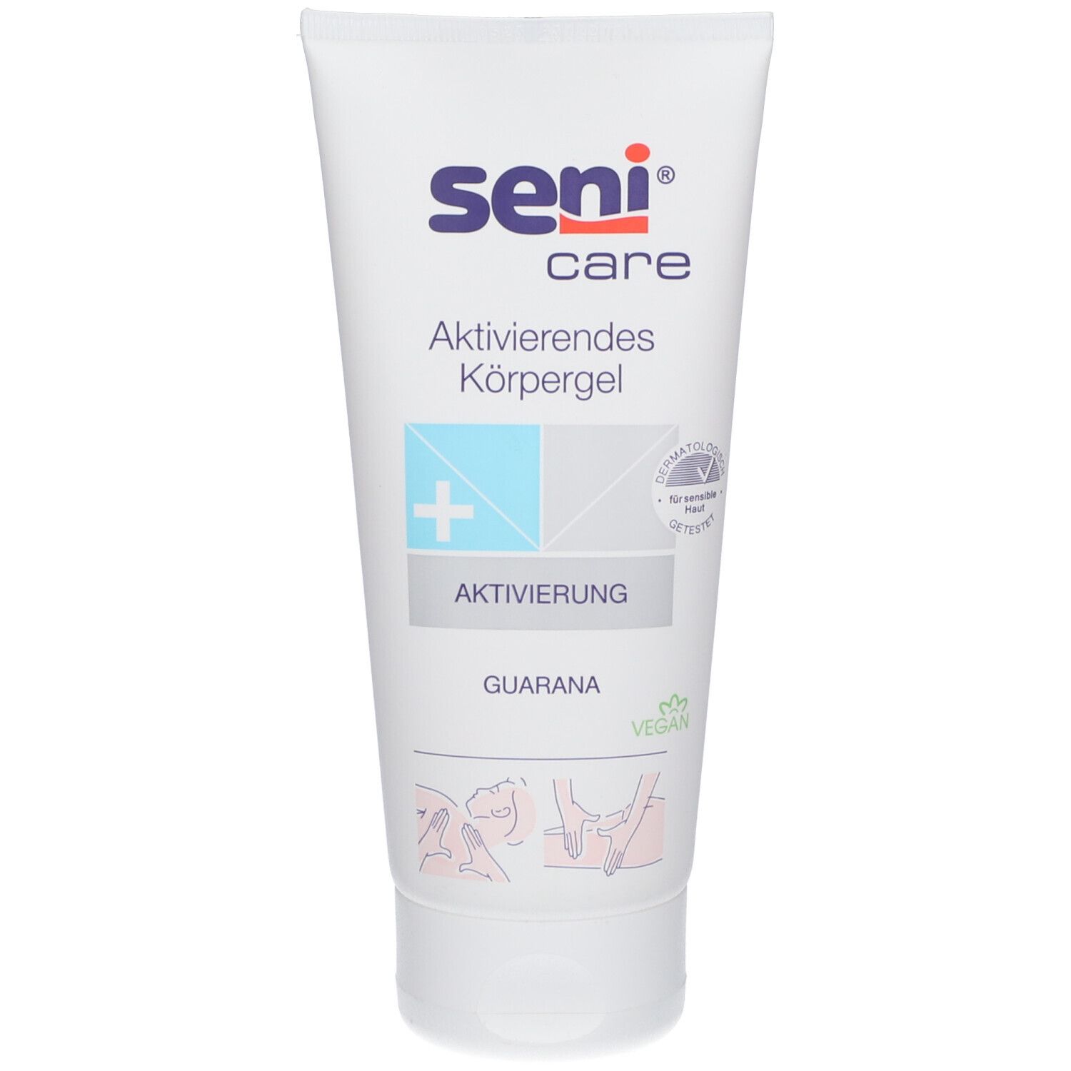 Tube de gel corporel blanc. Logo violet et bleu. Texte: Aktivierendes Körpergel, Guarana, Vegan.