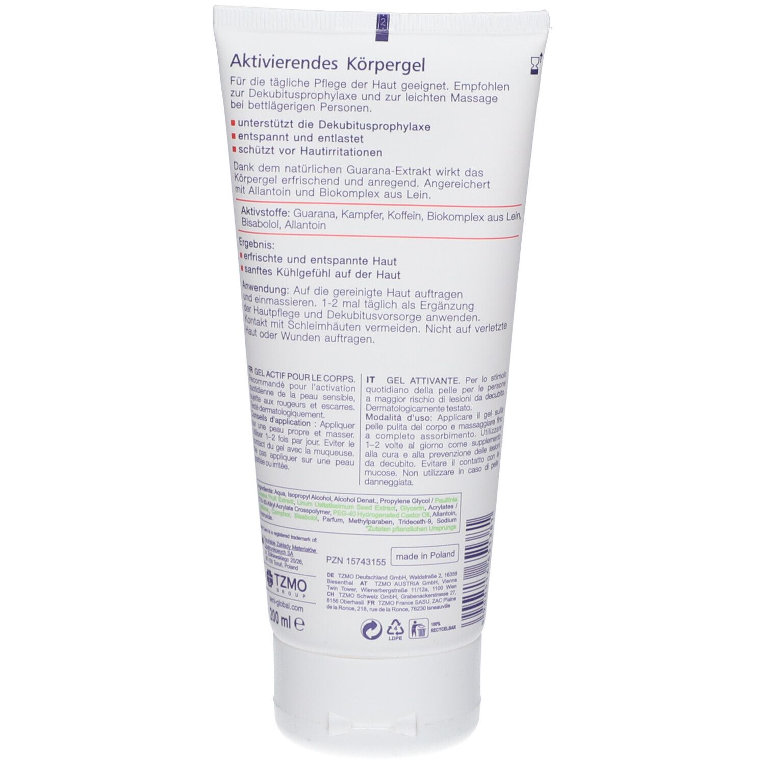 Dos d'un tube blanc. Texte: Aktivierendes Körpergel, ingrédients, instructions d'utilisation, Vegan.
