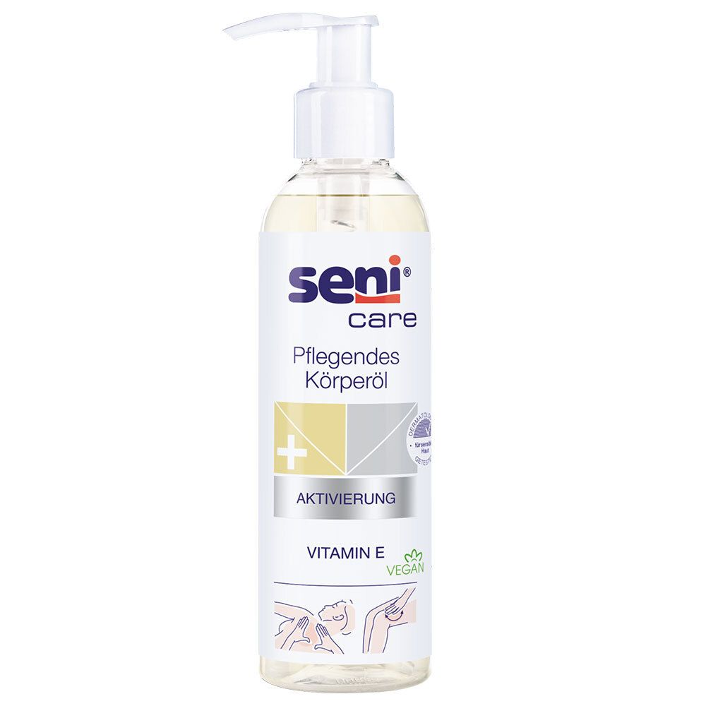 Flacon transparent avec pompe. Inscription : seni care Pflegendes Körperöl, Activation, Vitamine E, vegan.