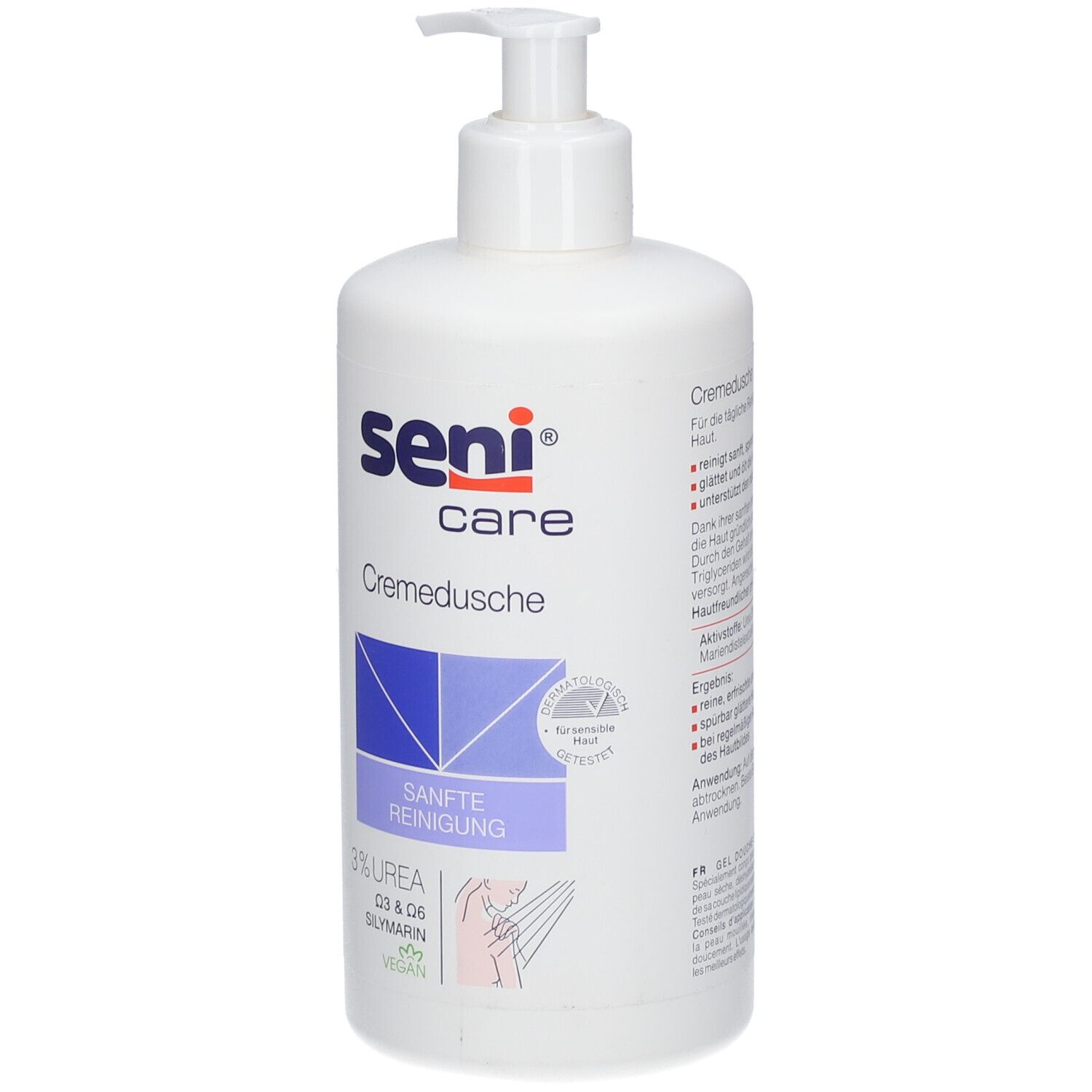 Flacon blanc avec pompe. Inscription: Seni Care Crème de douche, 3% Urée, nettoyage doux. Label végétalien.