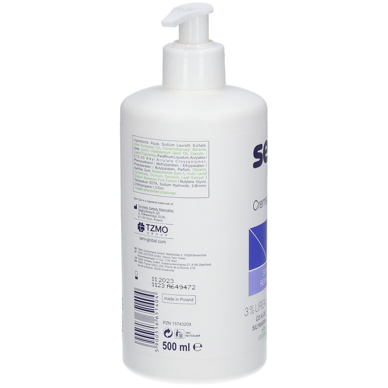 Flacon blanc avec pompe. Dos avec ingrédients, numéro de lot et code-barres. Volume: 500 ml.