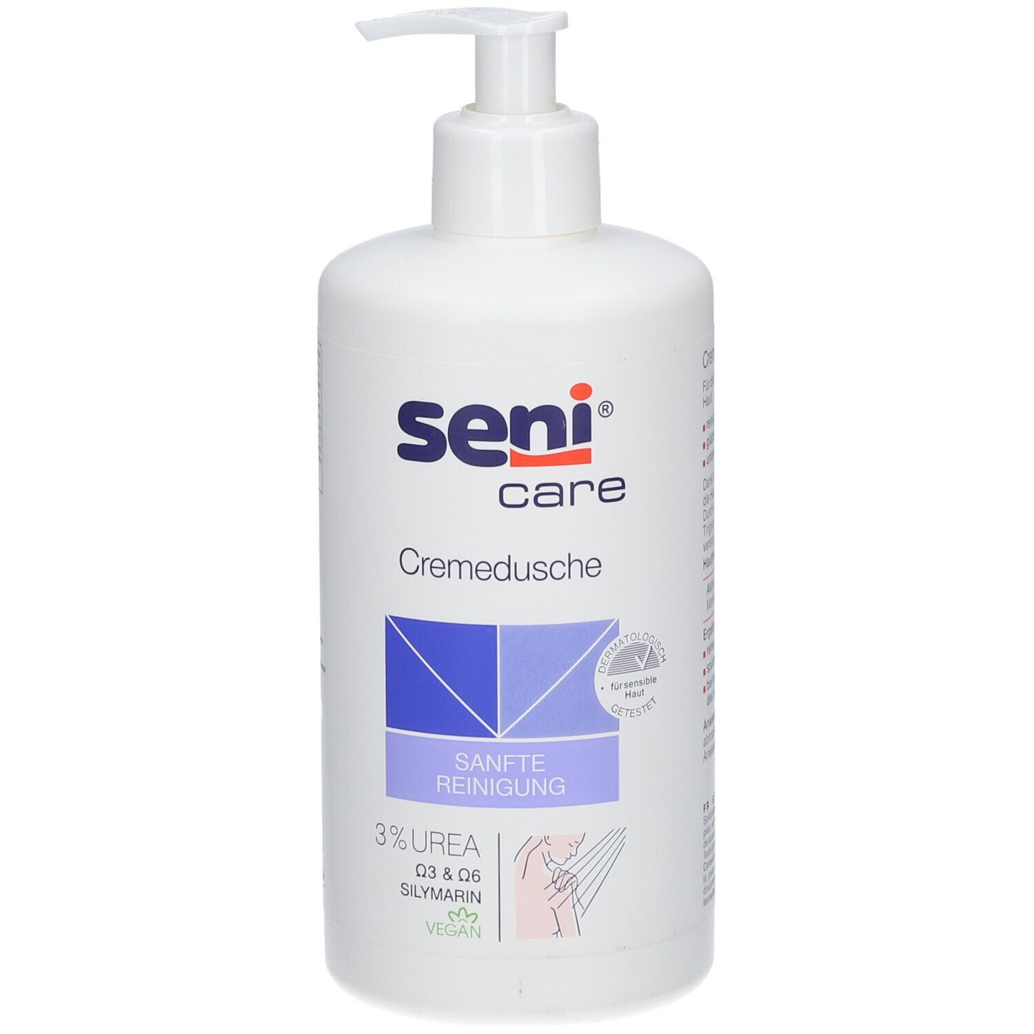 Flacon blanc avec pompe. Inscription: Seni Care Crème de douche, 3% Urée, nettoyage doux. Label végétalien.