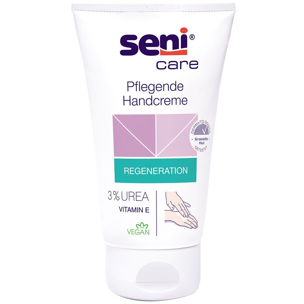 Tube blanche de crème pour les mains Seni Care. Inscription : Pflegende Handcreme, 3% Urea, Vitamine E, Regeneration. Label Vegan.