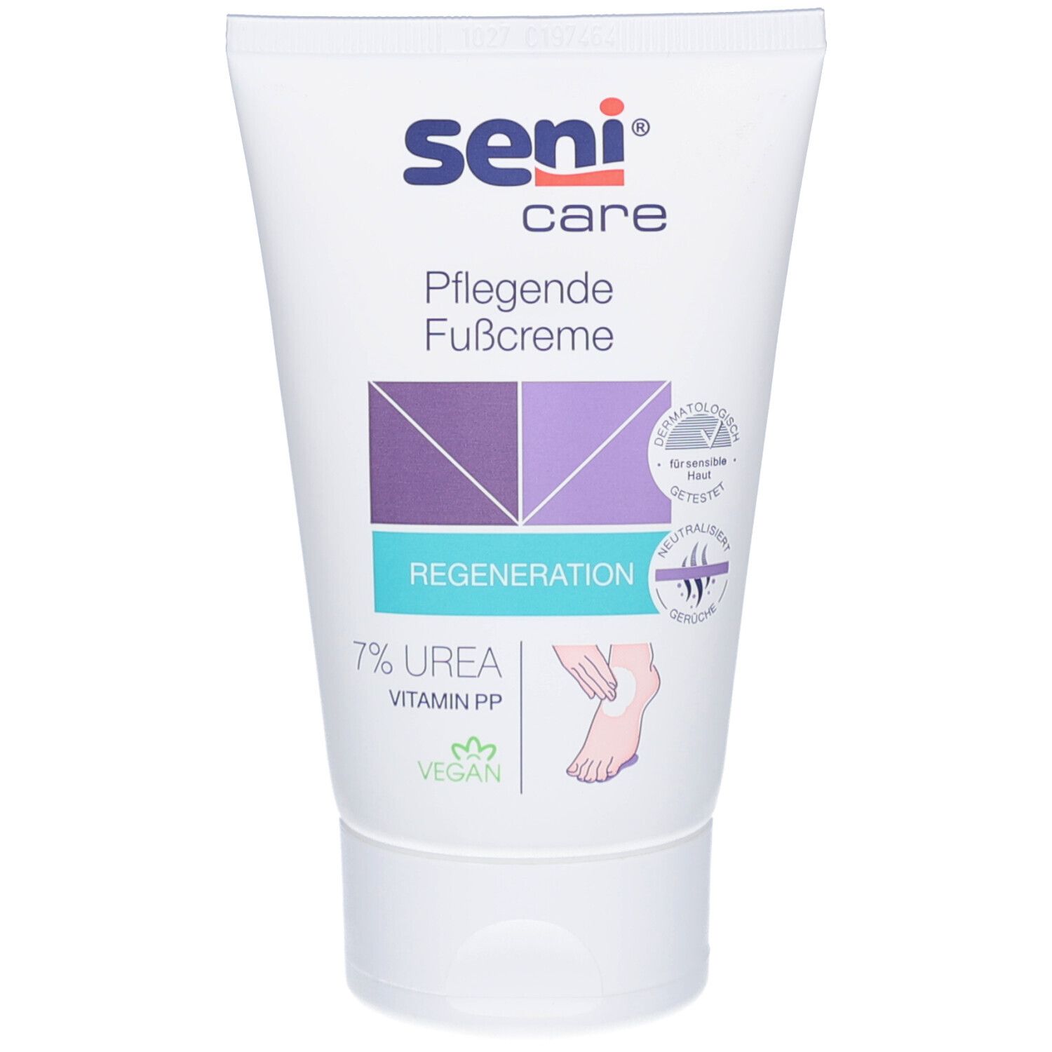 Tube blanc de crème pour les pieds Seni Care avec 7% d'urée. Inscription : Soin, Régénération, testé dermatologiquement. Vegan.