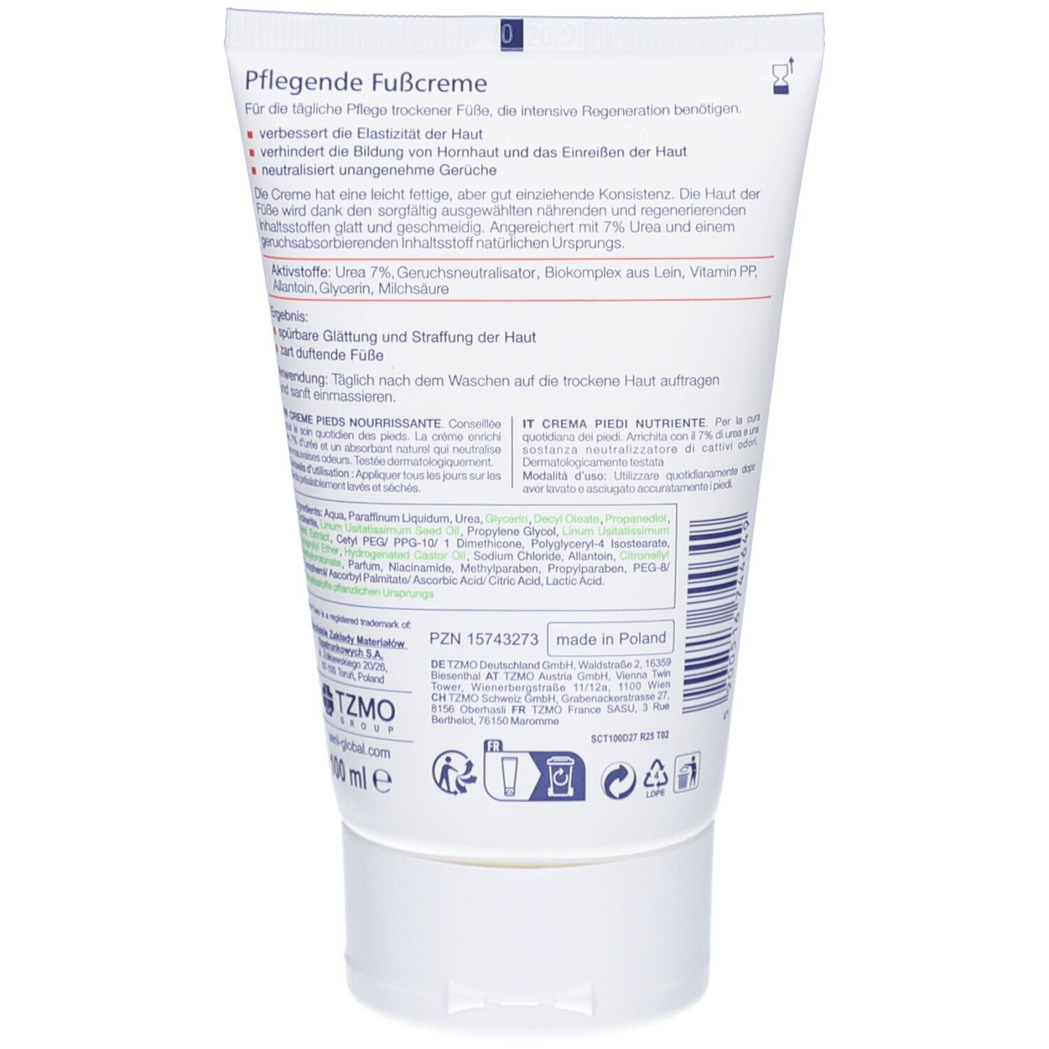 Dos du tube de crème pour les pieds Seni Care. Texte en allemand, français et italien. Ingrédients, informations fabricant et symboles de recyclage.