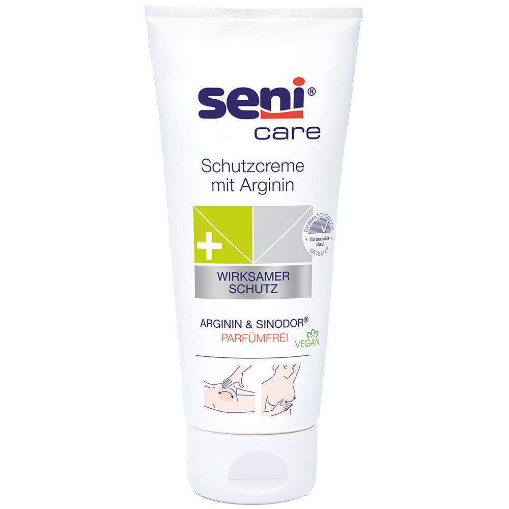 Tube blanc de crème protectrice Seni Care avec arginine. Logo, nom du produit et informations sur le devant.