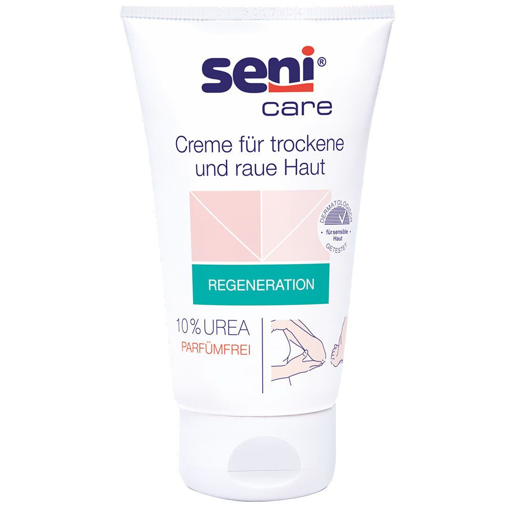 Tube de crème. Logo Seni Care. Texte: Crème pour peaux sèches et rugueuses. 10% Urée sans parfum. Régénération. Testé dermatologiquement.