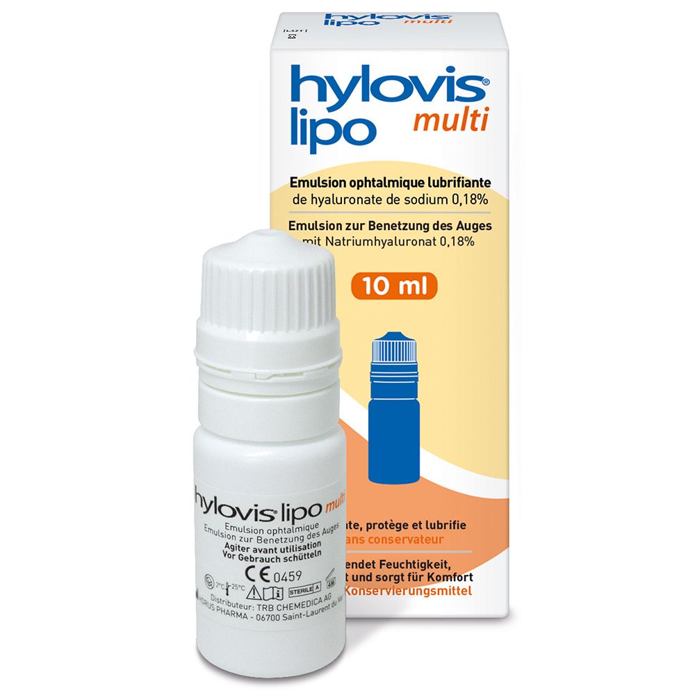 Flacon et emballage de gouttes ophtalmiques. Inscription : hylovis lipo multi. 10 ml. Contient de l'hyaluronate de sodium 0,18%.