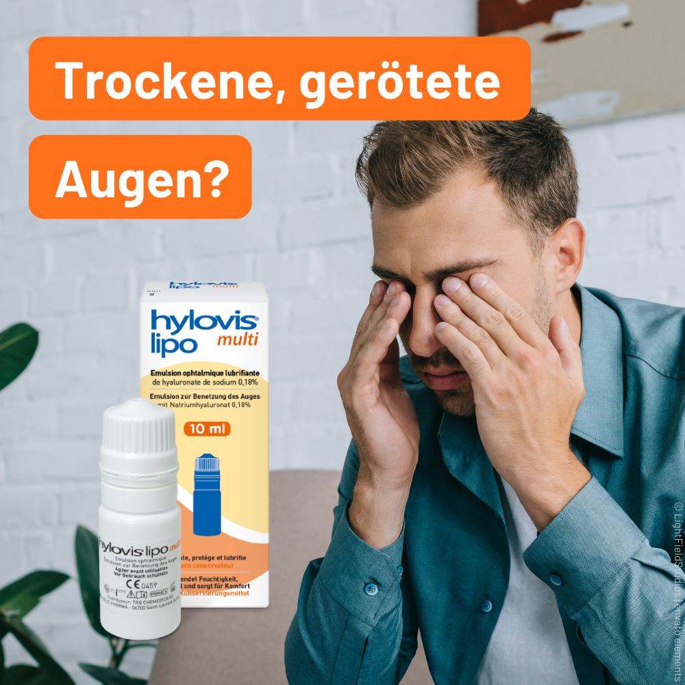 Homme se frotte les yeux. À côté : hylovis lipo multi, emballage et flacon. Texte : Yeux secs et rouges ?