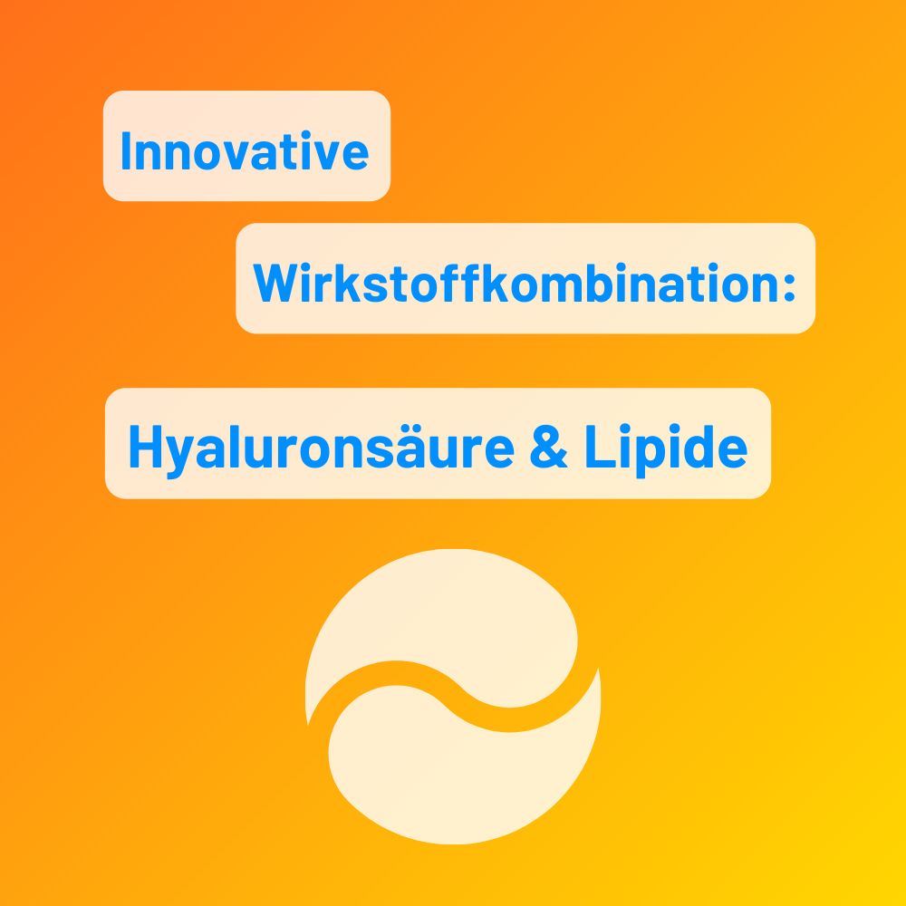 Graphique : œil et lipides. Texte : Combinaison innovante d'ingrédients actifs : acide hyaluronique et lipides.