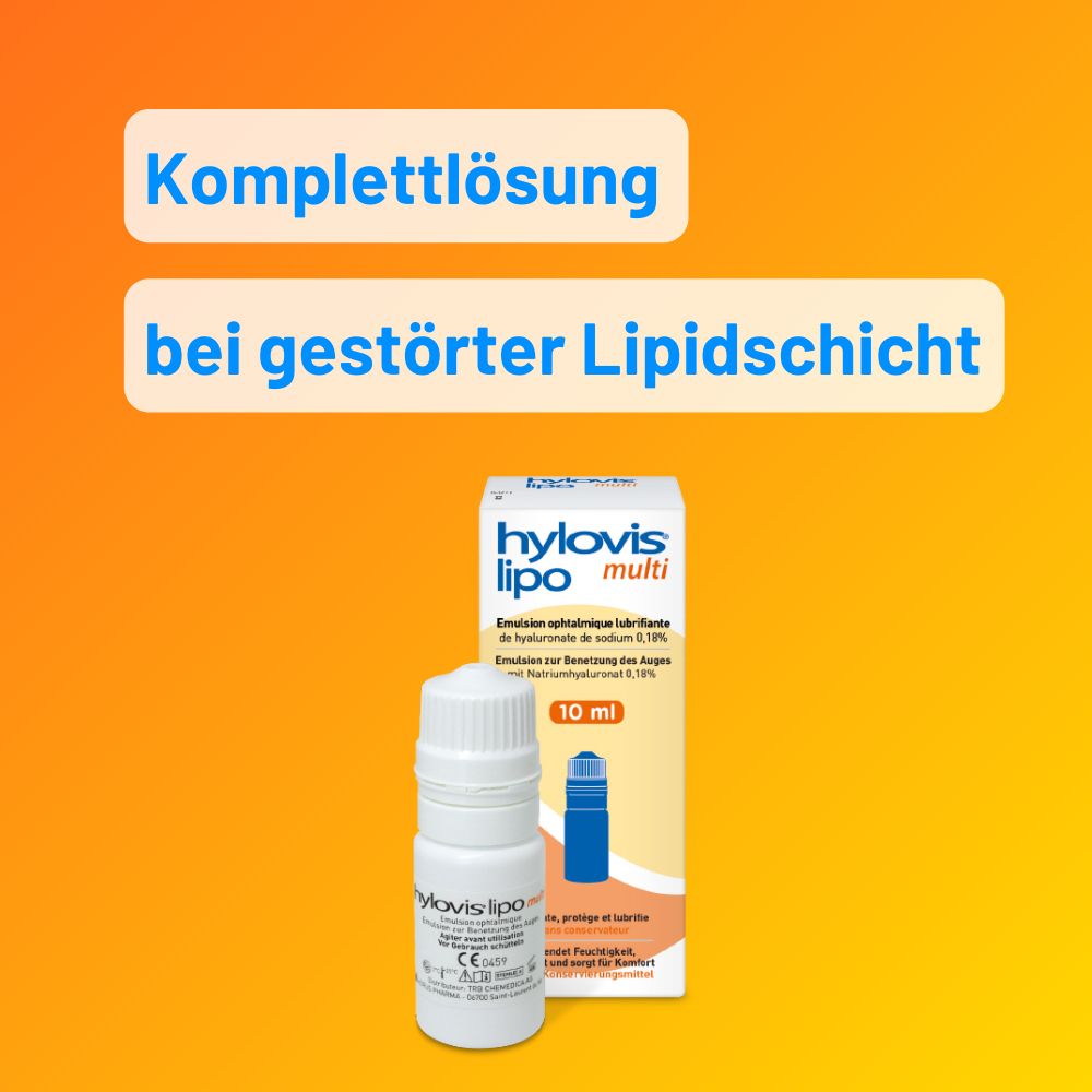 Graphique : hylovis lipo multi, emballage et flacon. Texte : Solution complète en cas de couche lipidique perturbée.