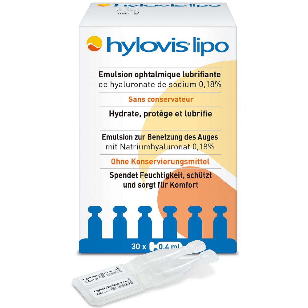 Boîte de HYLOVIS® LIPO. Contient 30 unidoses. Texte: Émulsion, hyaluronate de sodium 0,18%, sans conservateur.