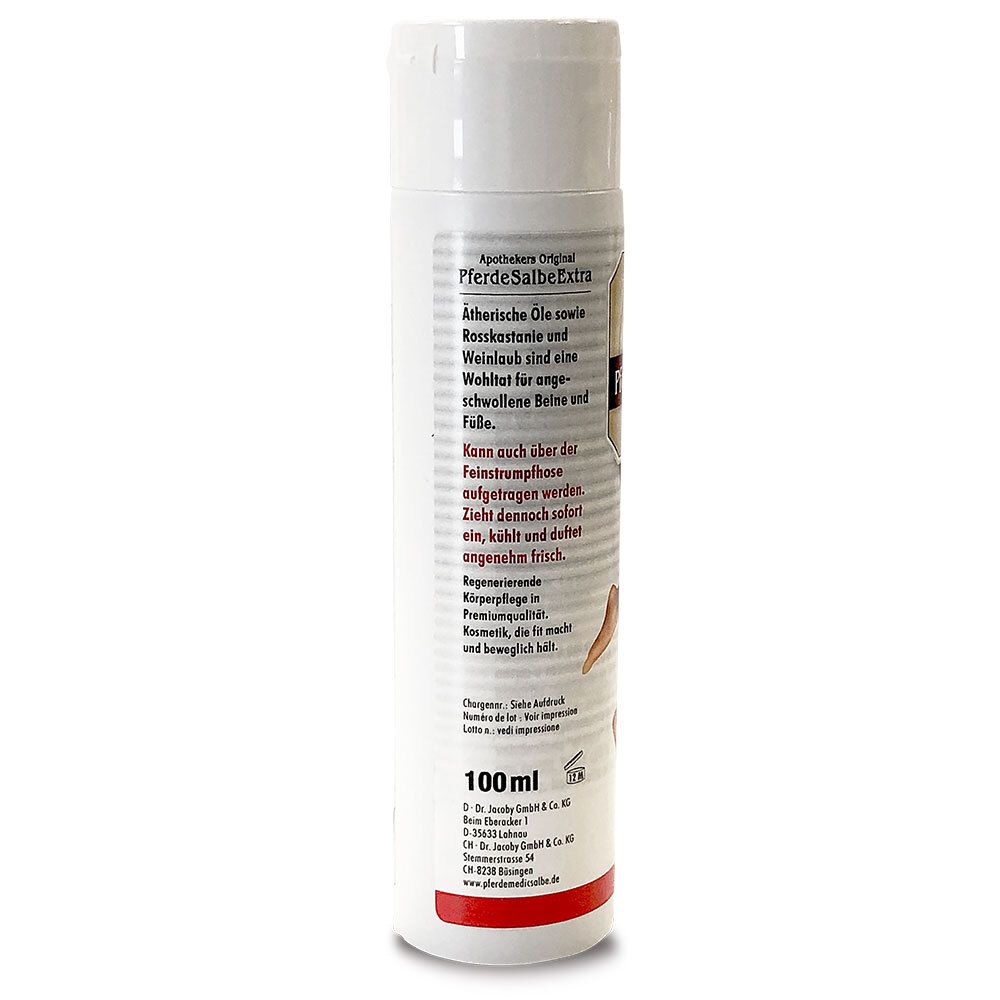 Flacon blanc avec bande rouge. Dos avec texte. Apothekers Original PferdeSalbe Extra. 100 ml.
