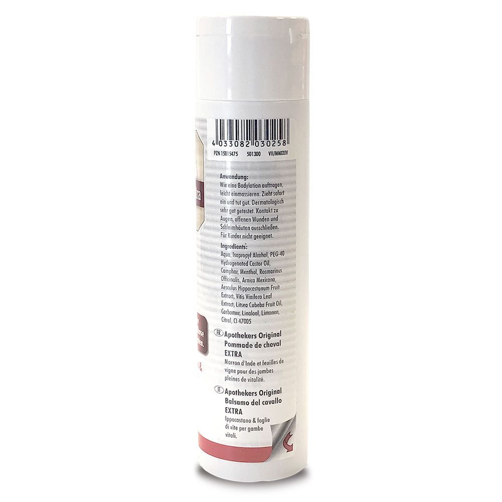 Flacon blanc avec bande rouge. Dos avec texte et code-barres. Apothekers Original PferdeSalbe Extra.