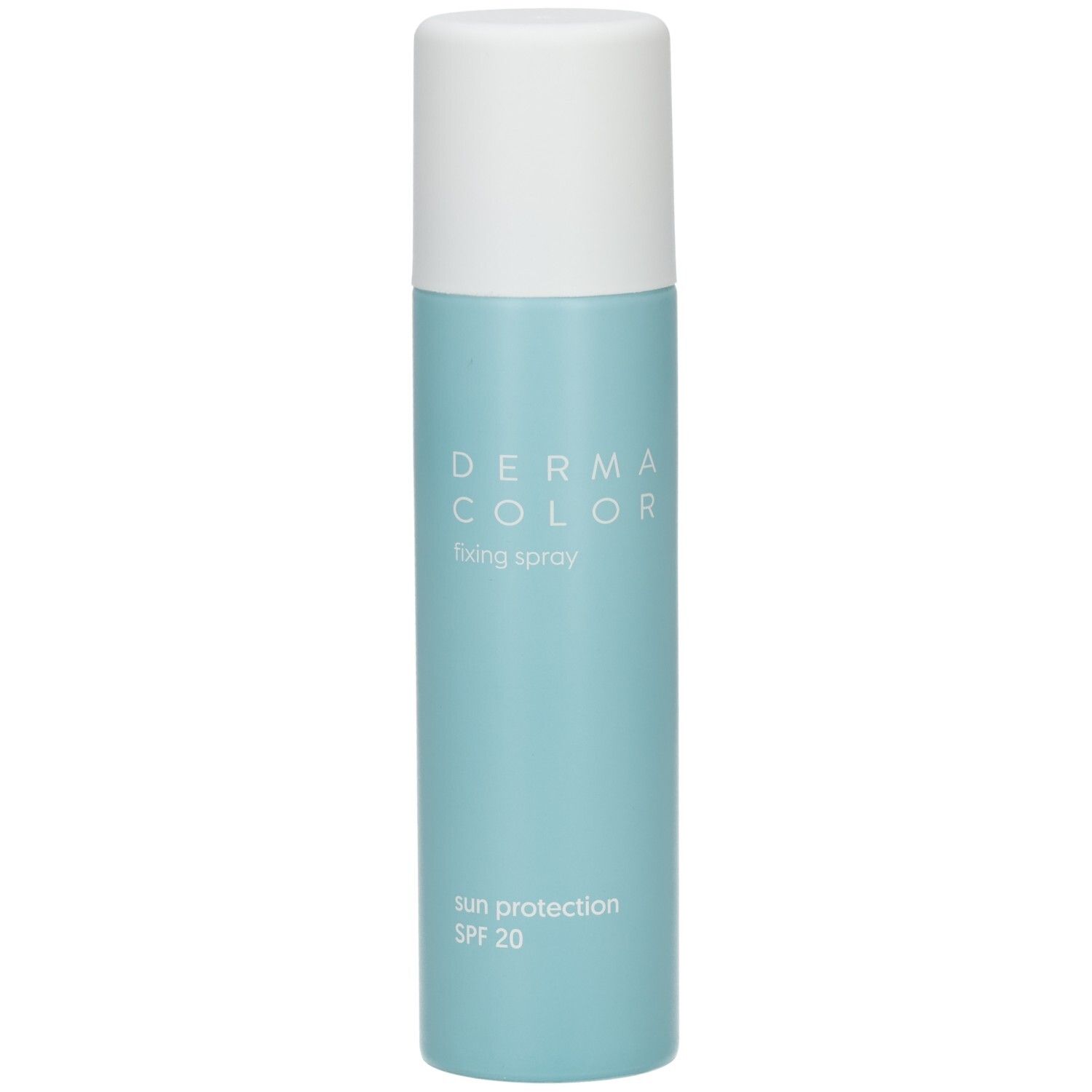 Flacon spray bleu clair avec bouchon blanc. Inscriptions: DERMA COLOR, fixing spray, sun protection, SPF 20.