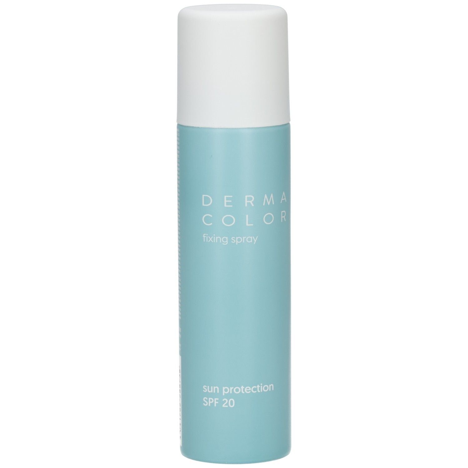 Flacon spray bleu clair avec bouchon blanc. Inscriptions: DERMA COLOR, 150 ml.