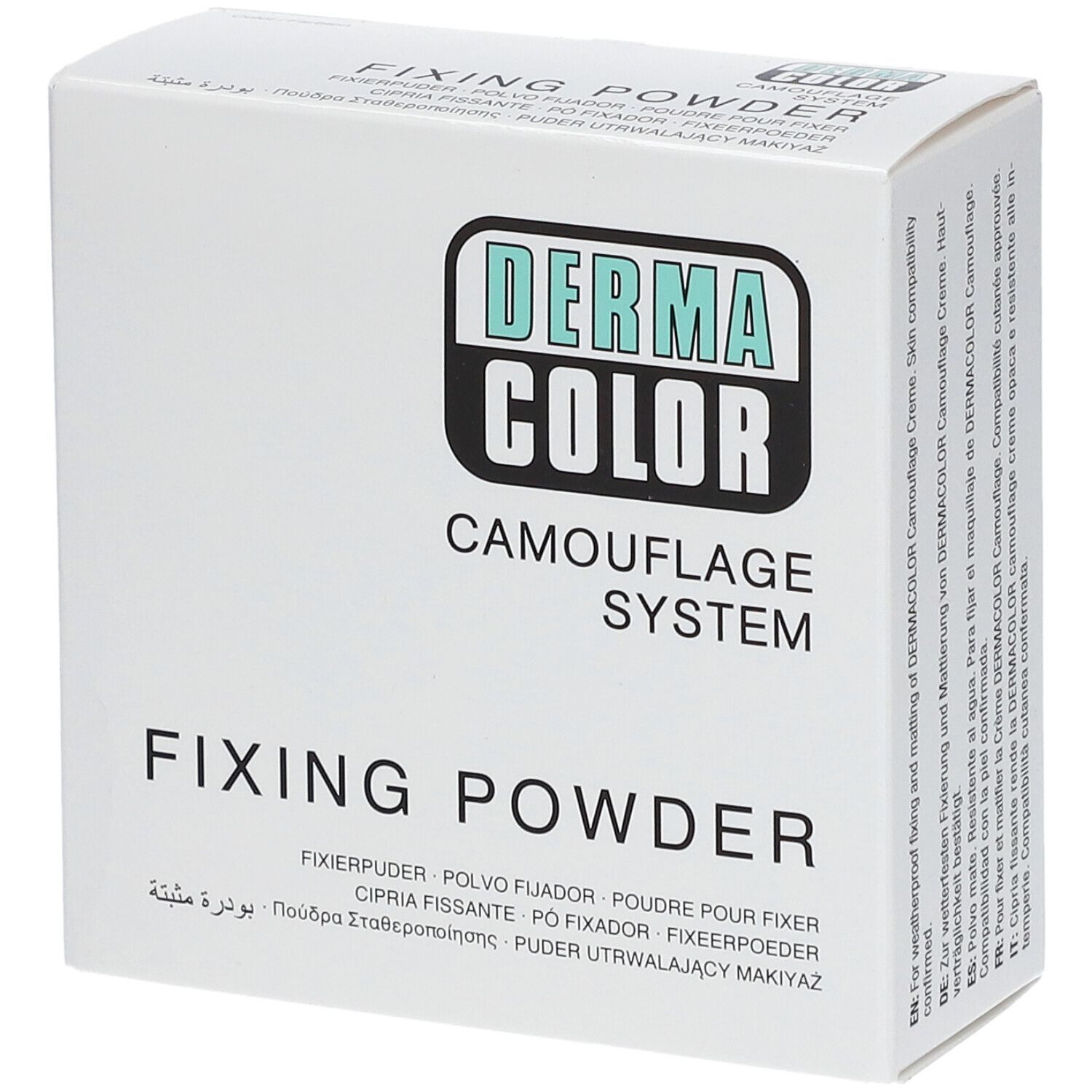 Boîte blanche avec logo « DERMA COLOR » et inscription « FIXING POWDER ». Désignations multilingues du produit.