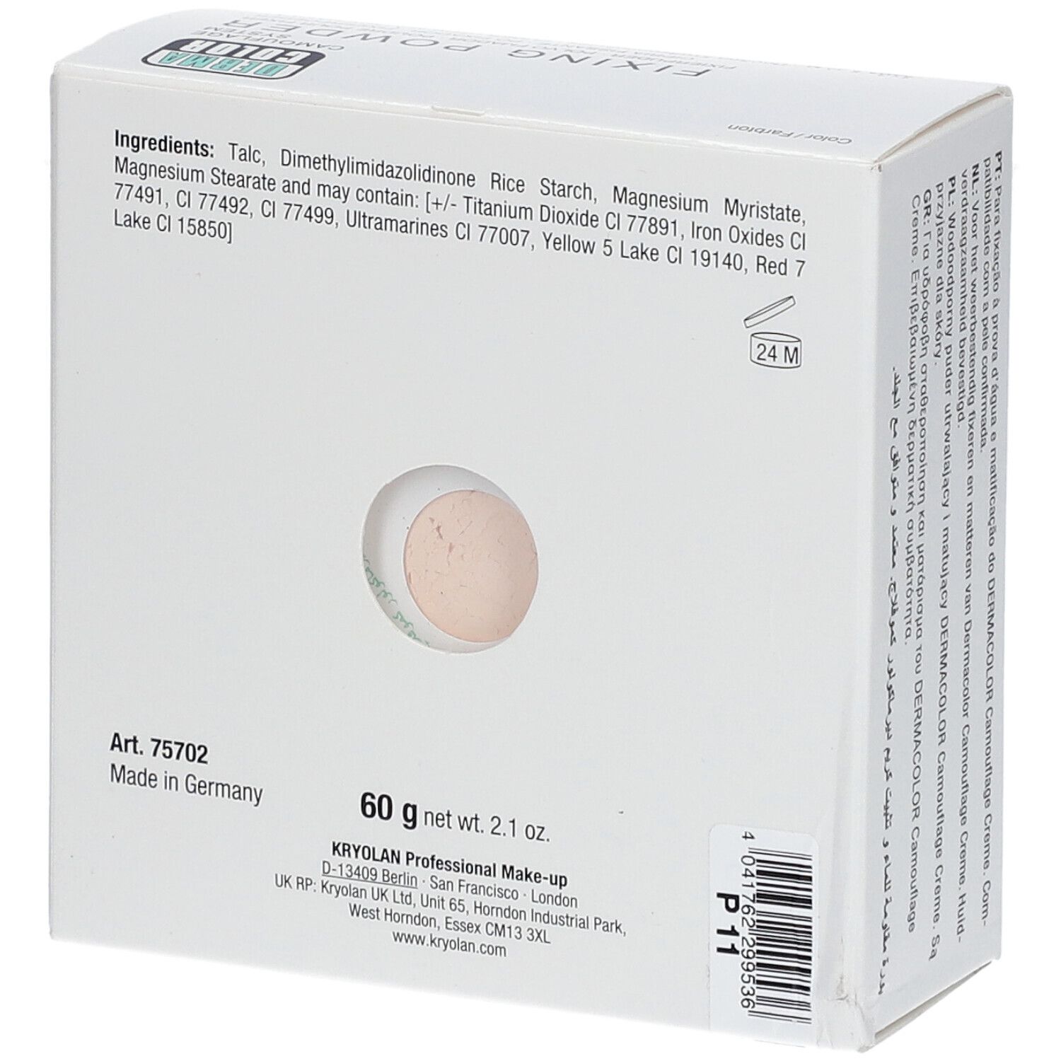 Dos de la boîte blanche. Nom du produit « FIXING POWDER ». Ingrédients, poids 60g, « Made in Germany ».