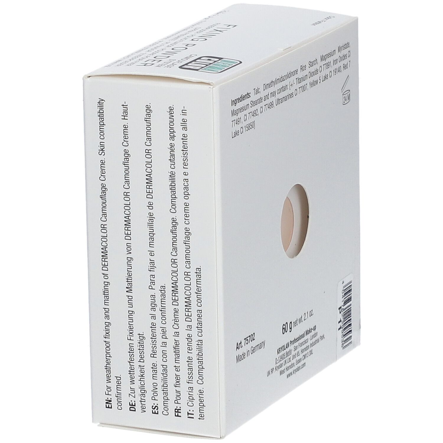 Dos incliné de la boîte blanche. Nom « FIXING POWDER ». Ingrédients, poids 60g, « Made in Germany ».